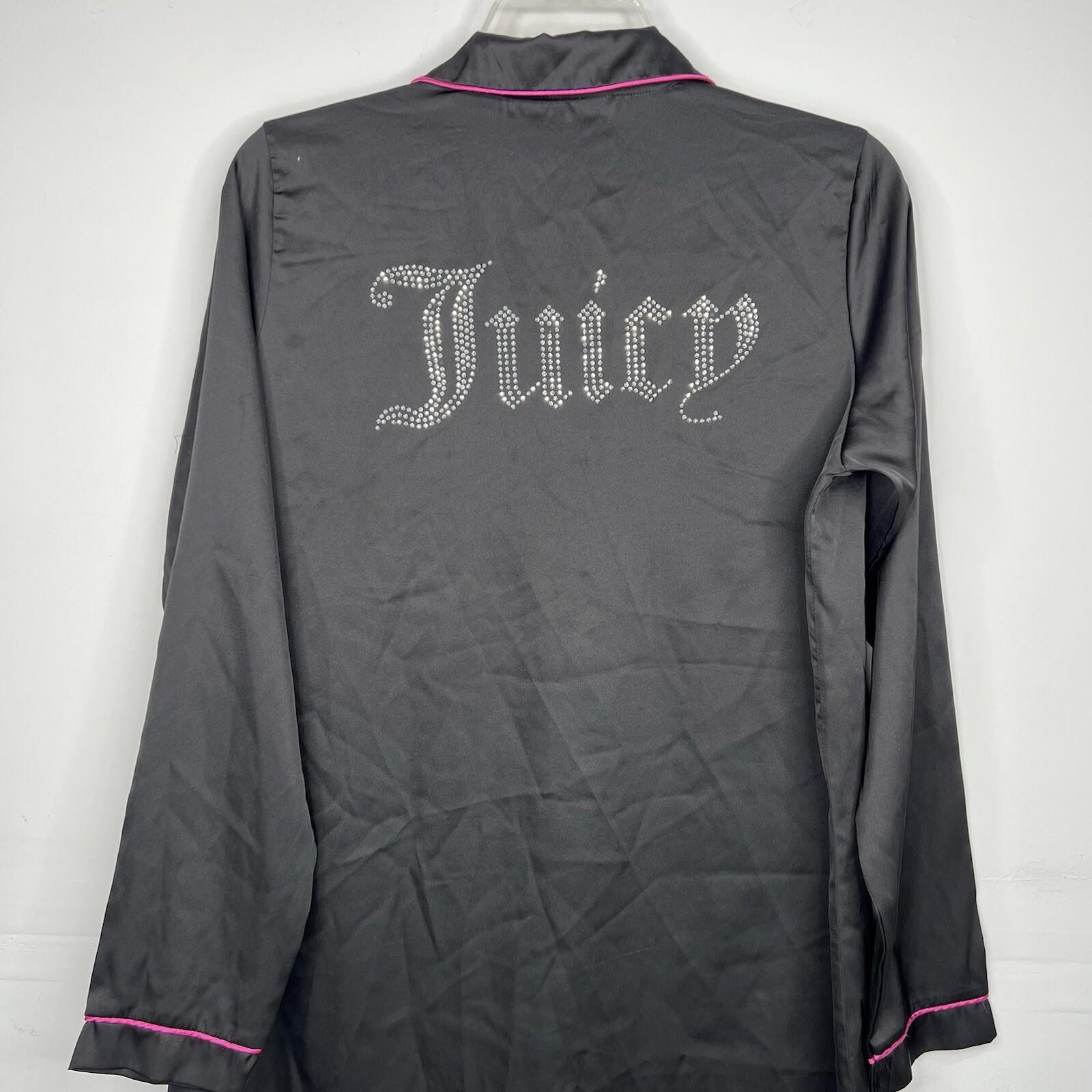 Juicy Couture Satin Long Sleeve Button Down Black Nightgown Lounge Shirt Size S