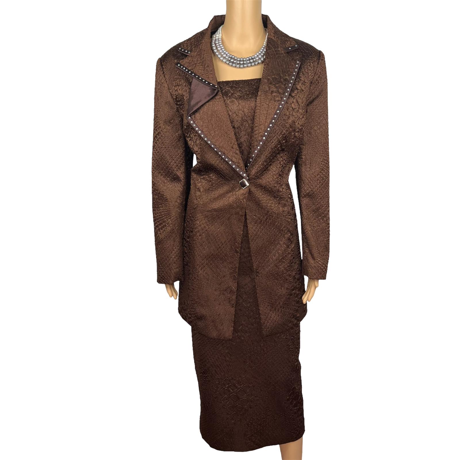 MARK Women 2PC Brown Polyester Beaded Lined Cocktail Skirt Suit Size 10
