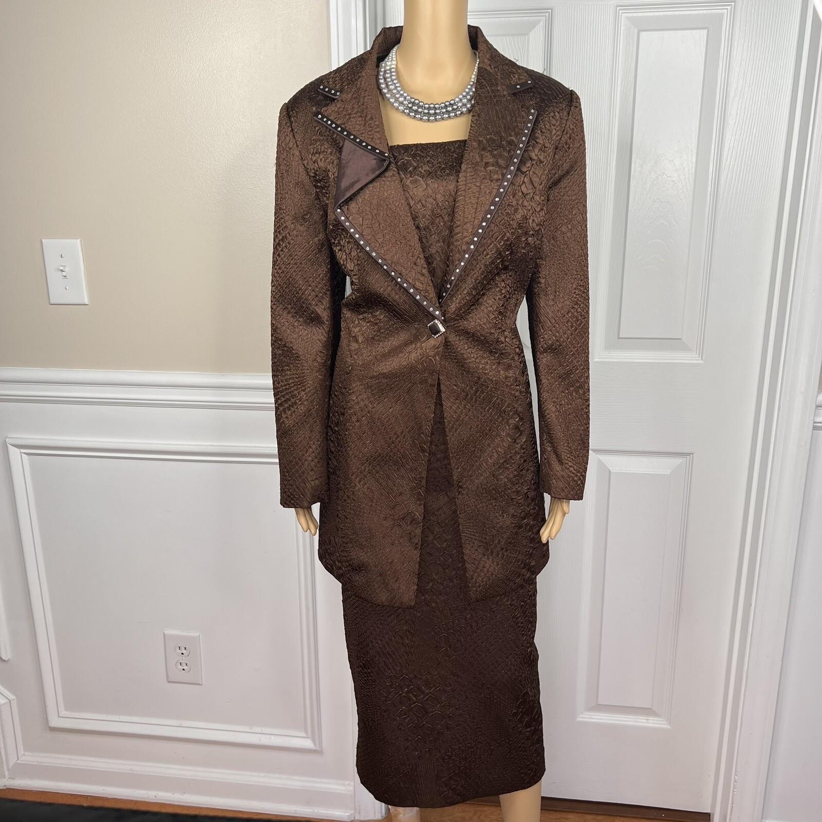 MARK Women 2PC Brown Polyester Beaded Lined Cocktail Skirt Suit Size 10