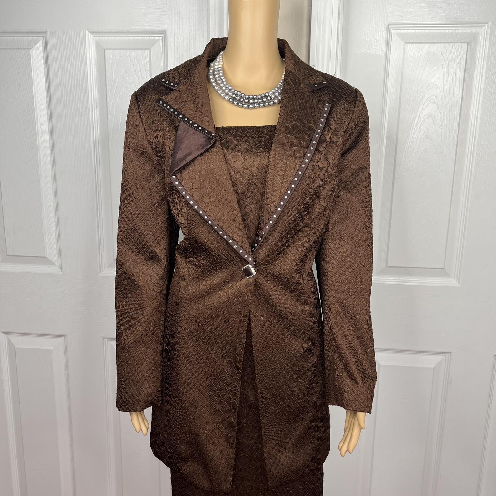 MARK Women 2PC Brown Polyester Beaded Lined Cocktail Skirt Suit Size 10