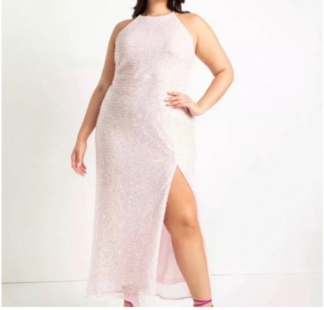 Eloquii Sequin Maxi Gown Size 26 Pink Ruched with Slit Stretch Party cocktail