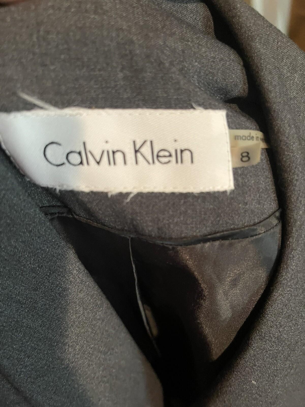 CALVIN KLEIN Women Gray Single Breasted Polyester Blend Belted Blazer Size 8