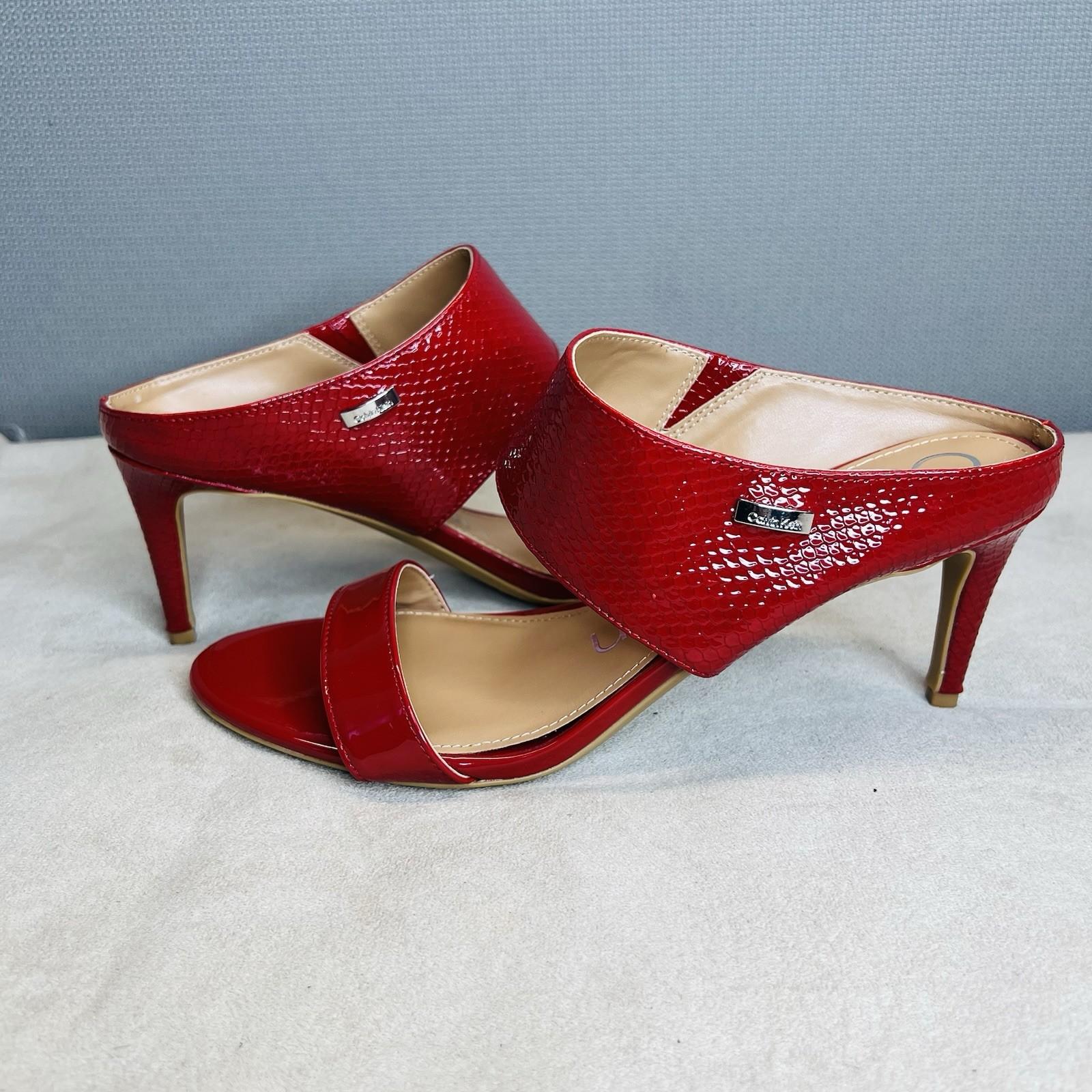 10-7894.jpg Calvin Klein leather python slide sandals 9.5M red 2 band heels shoes stiletto