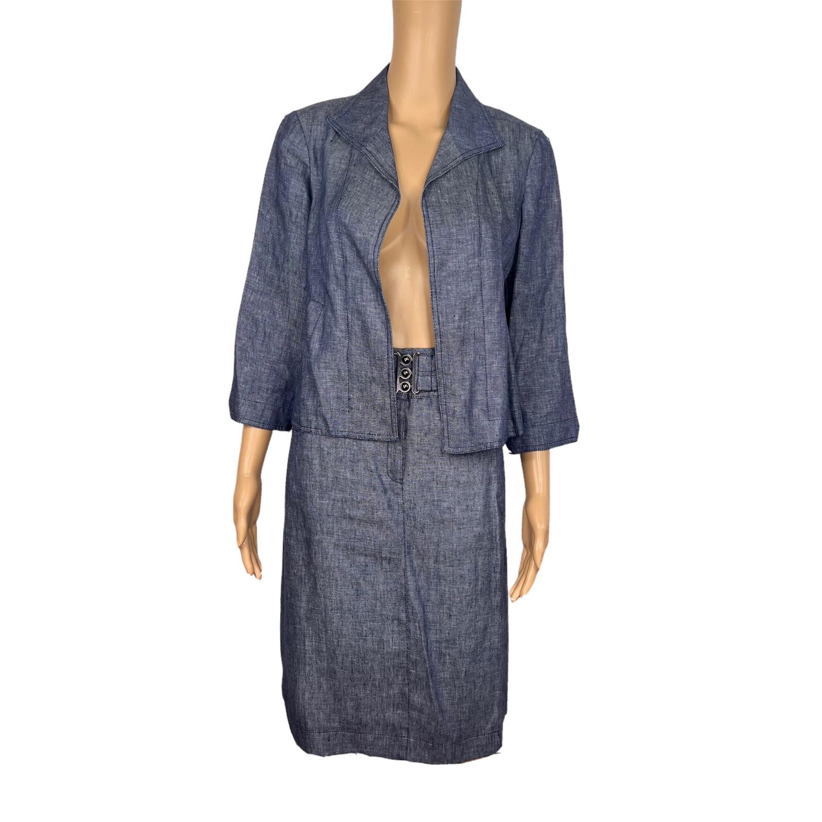 KASPER 2PC Blue Denim Like Linen Open Front Belted Career Skirt Suit Size 2P