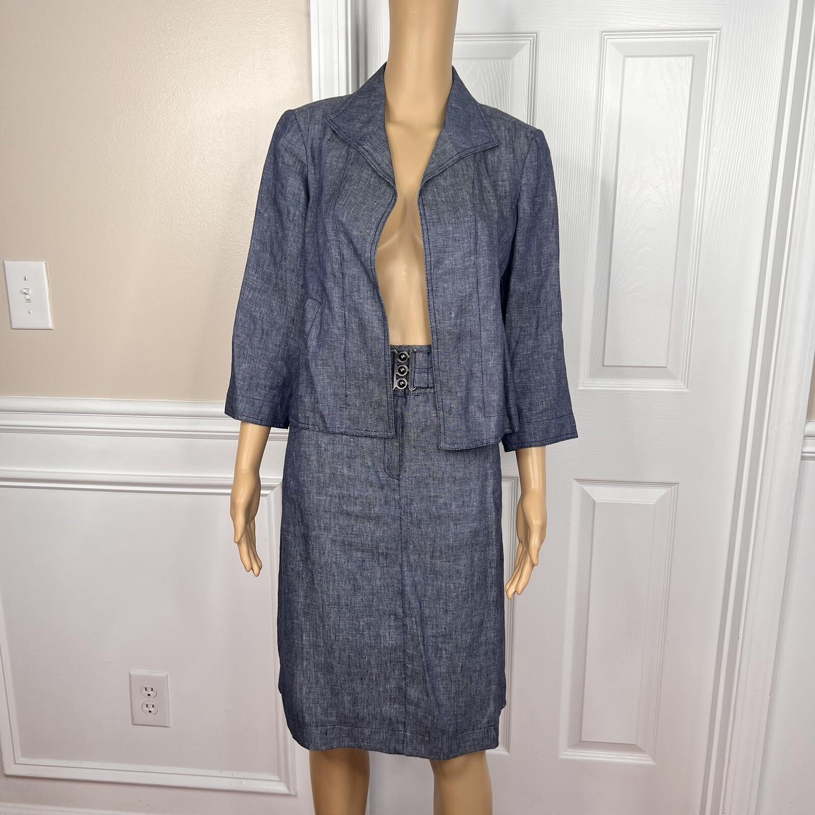 KASPER 2PC Blue Denim Like Linen Open Front Belted Career Skirt Suit Size 2P