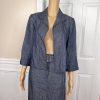 KASPER 2PC Blue Denim Like Linen Open Front Belted Career Skirt Suit Size 2P