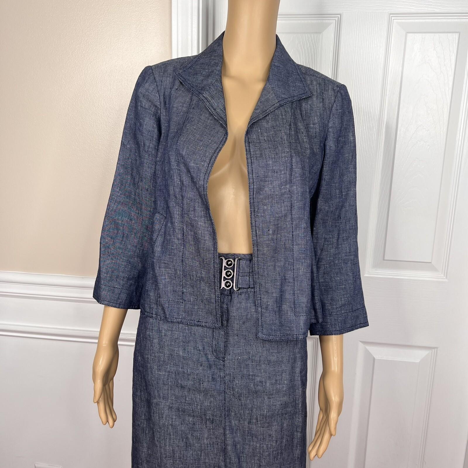 KASPER 2PC Blue Denim Like Linen Open Front Belted Career Skirt Suit Size 2P