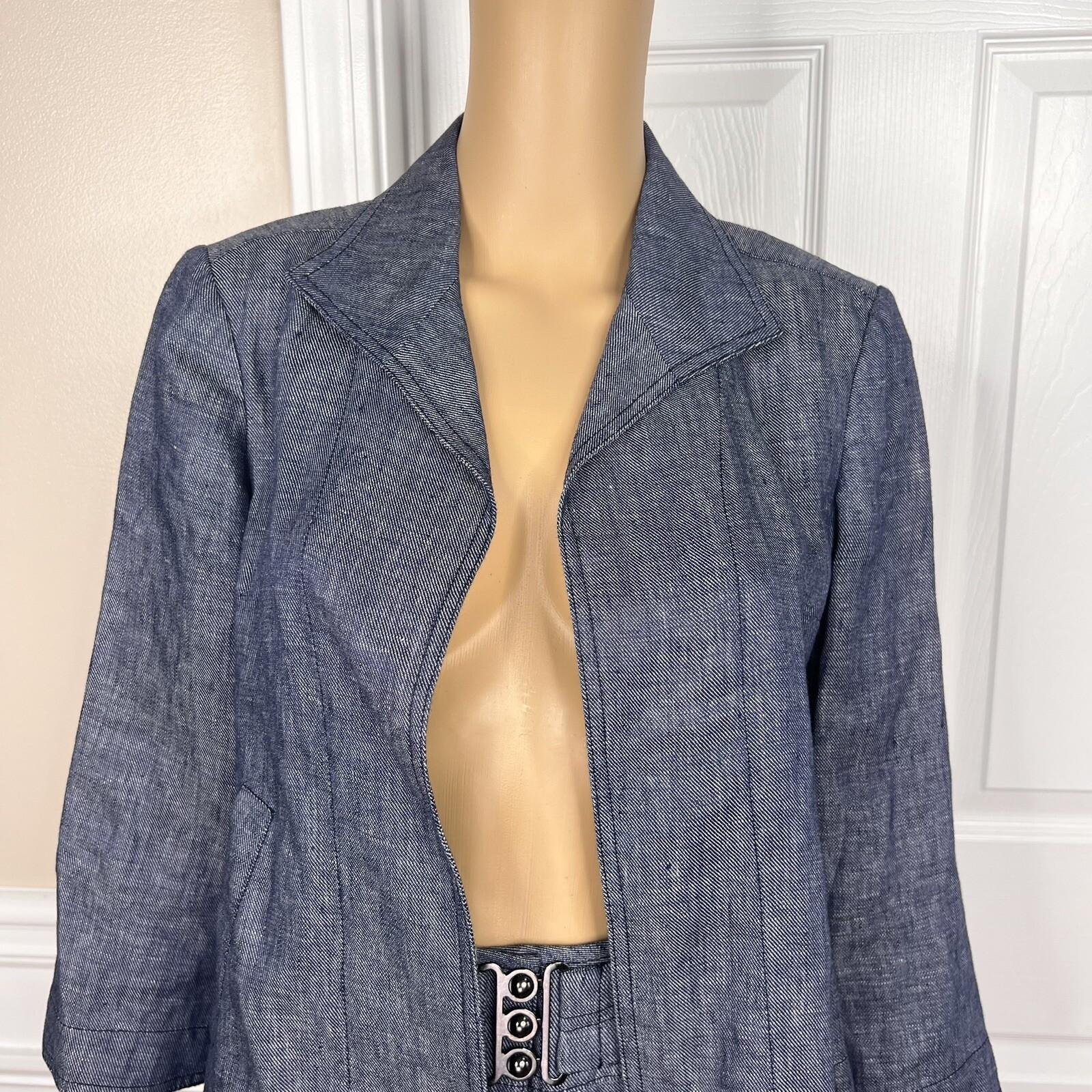 KASPER 2PC Blue Denim Like Linen Open Front Belted Career Skirt Suit Size 2P