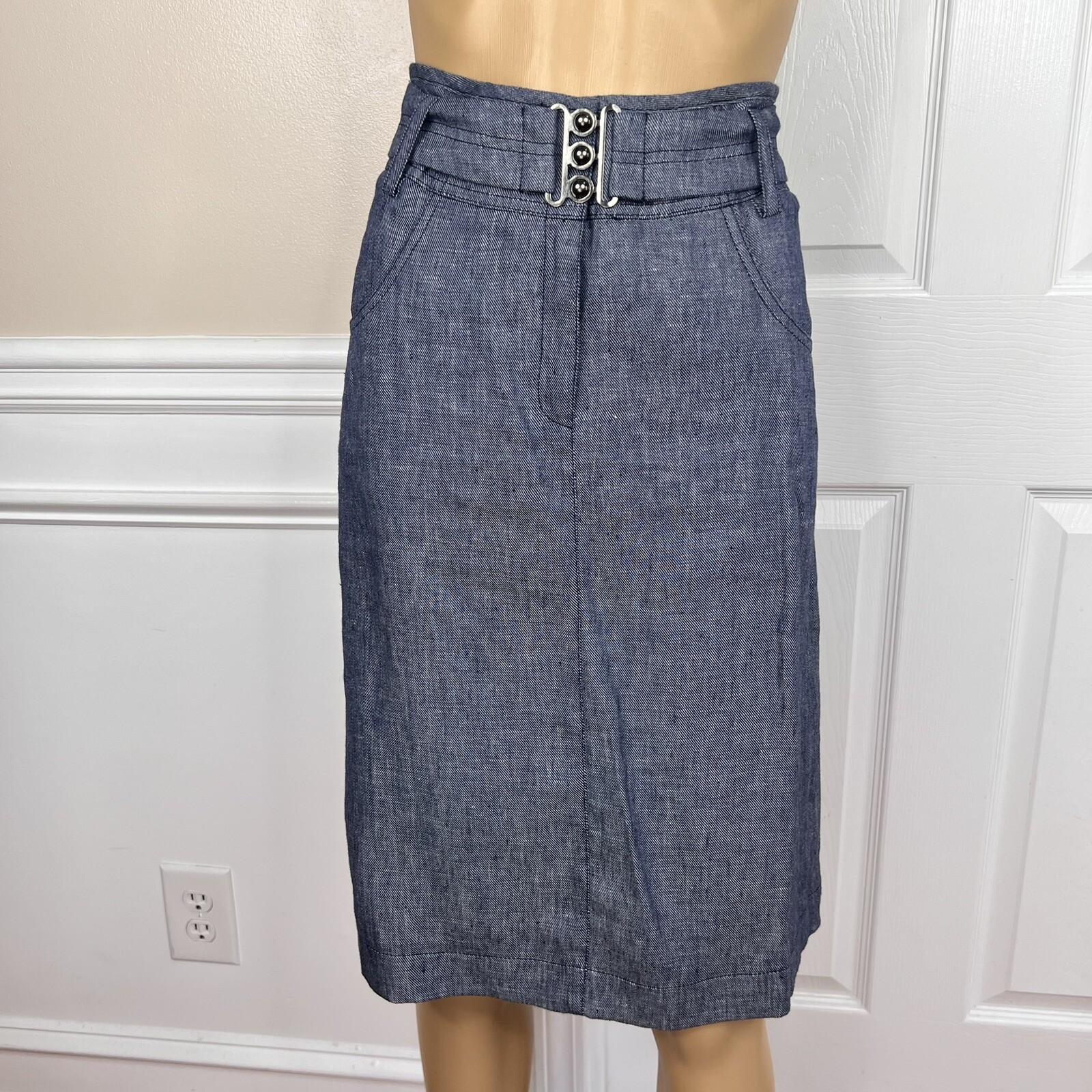 KASPER 2PC Blue Denim Like Linen Open Front Belted Career Skirt Suit Size 2P