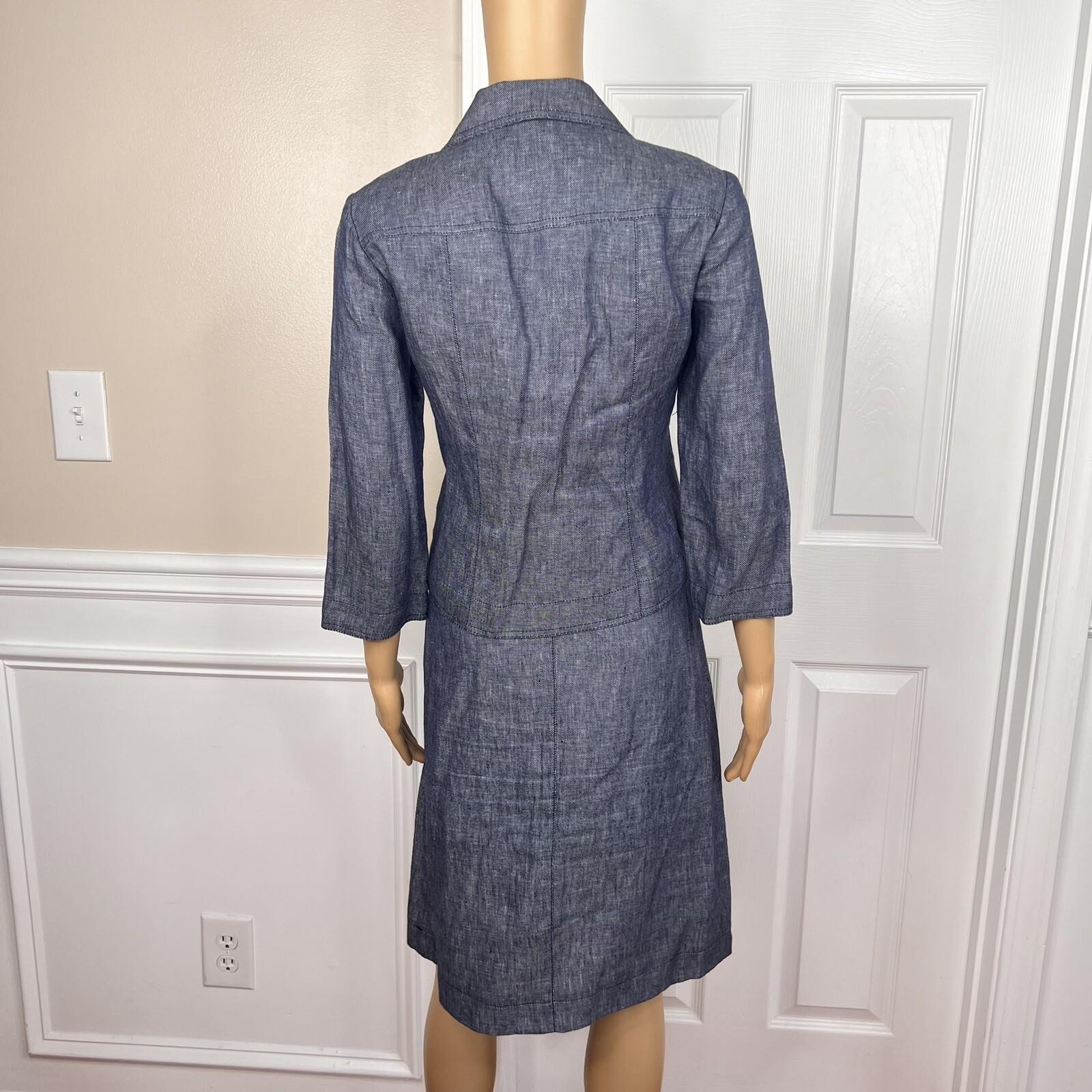 KASPER 2PC Blue Denim Like Linen Open Front Belted Career Skirt Suit Size 2P