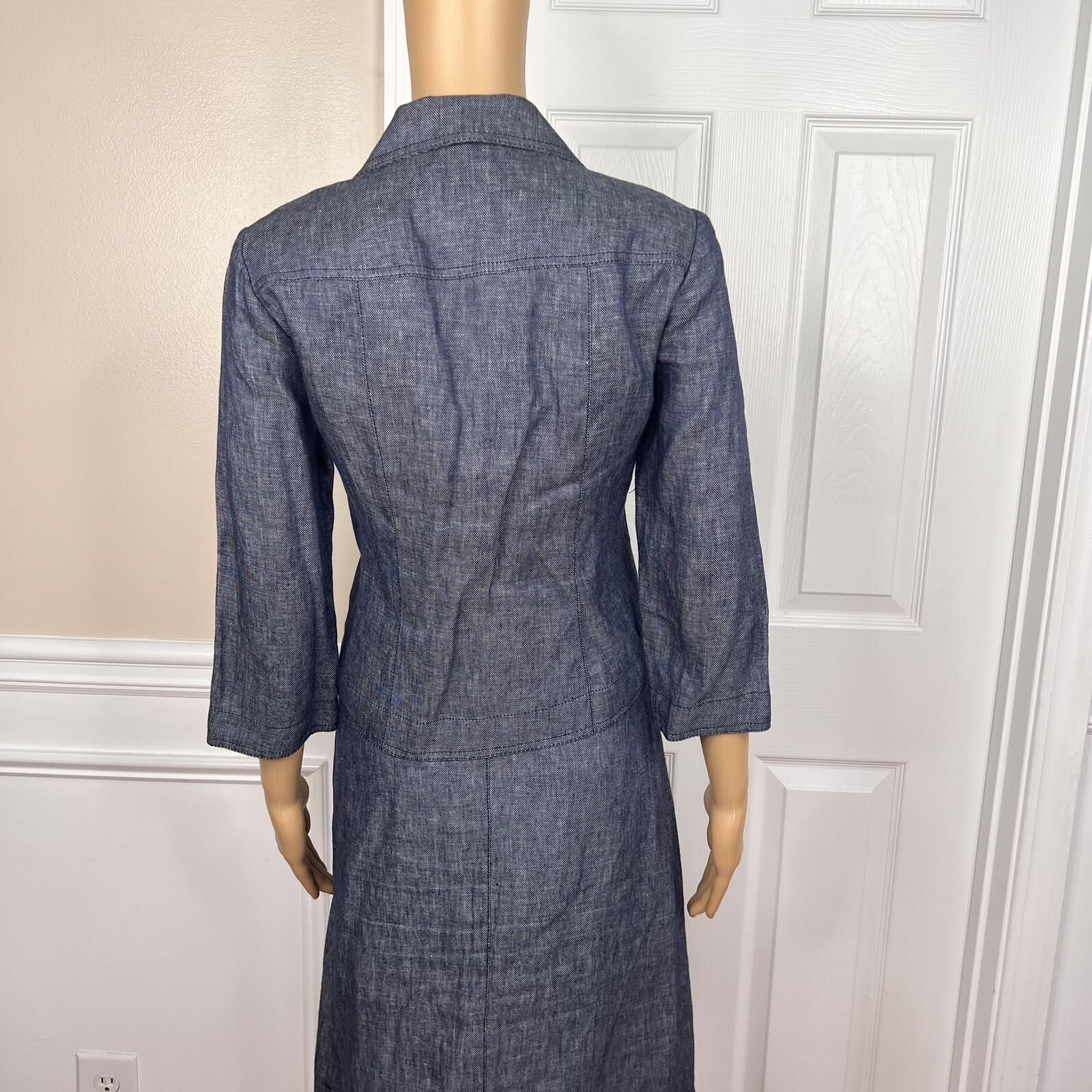 KASPER 2PC Blue Denim Like Linen Open Front Belted Career Skirt Suit Size 2P