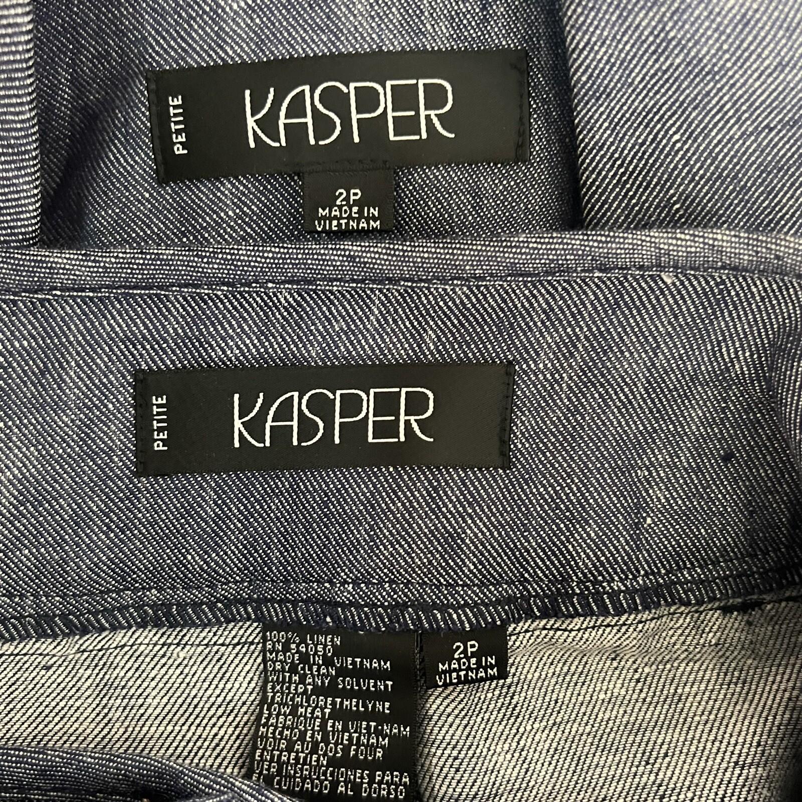 KASPER 2PC Blue Denim Like Linen Open Front Belted Career Skirt Suit Size 2P