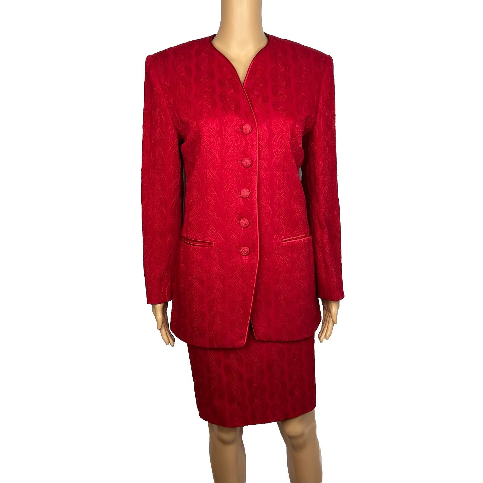 Albert Nipon Vtg Wool Acetate Blend Red Skirt Suit Size 6 Lined Collarless Women