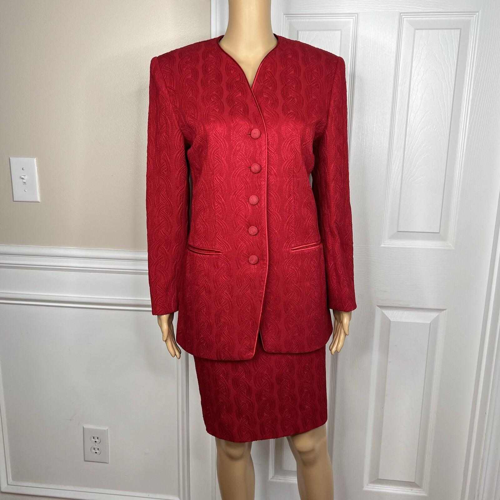 Albert Nipon Vtg Wool Acetate Blend Red Skirt Suit Size 6 Lined Collarless Women