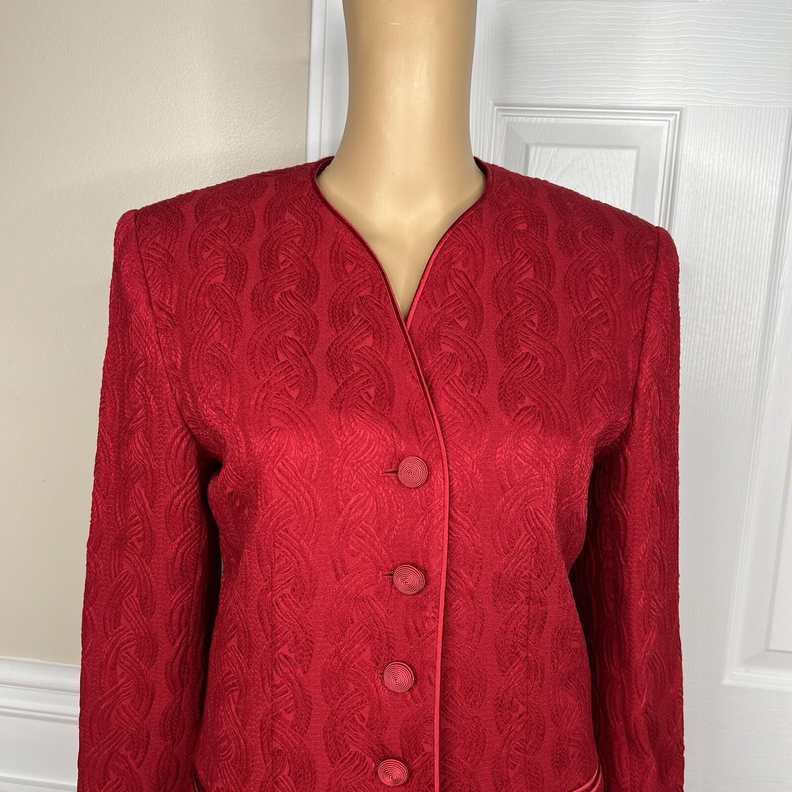 Albert Nipon Vtg Wool Acetate Blend Red Skirt Suit Size 6 Lined Collarless Women
