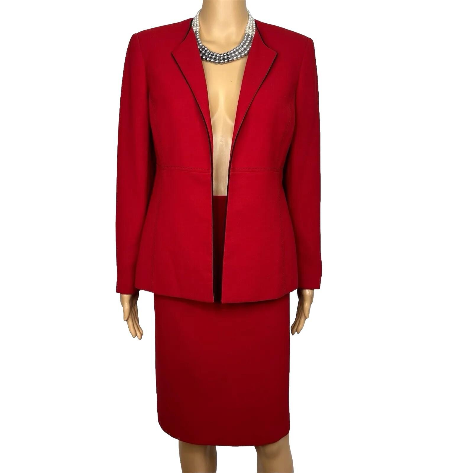 Kasper Polyester Skirt Suit Size 8P Red Lined Open Front Cocktail Career 2PC