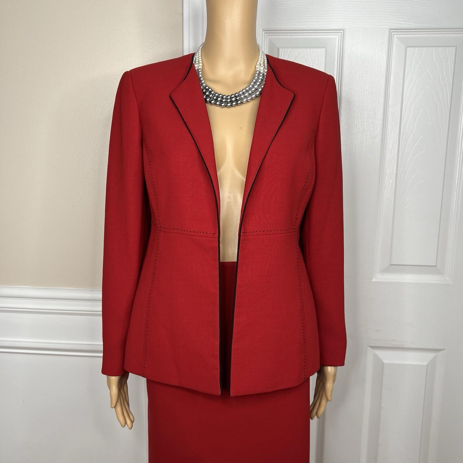 Kasper Polyester Skirt Suit Size 8P Red Lined Open Front Cocktail Career 2PC