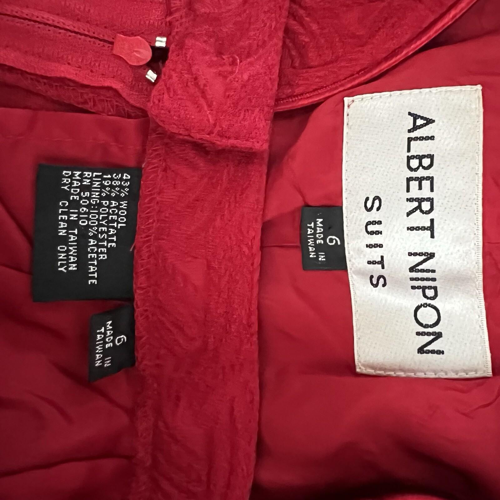 Albert Nipon Vtg Wool Acetate Blend Red Skirt Suit Size 6 Lined Collarless Women