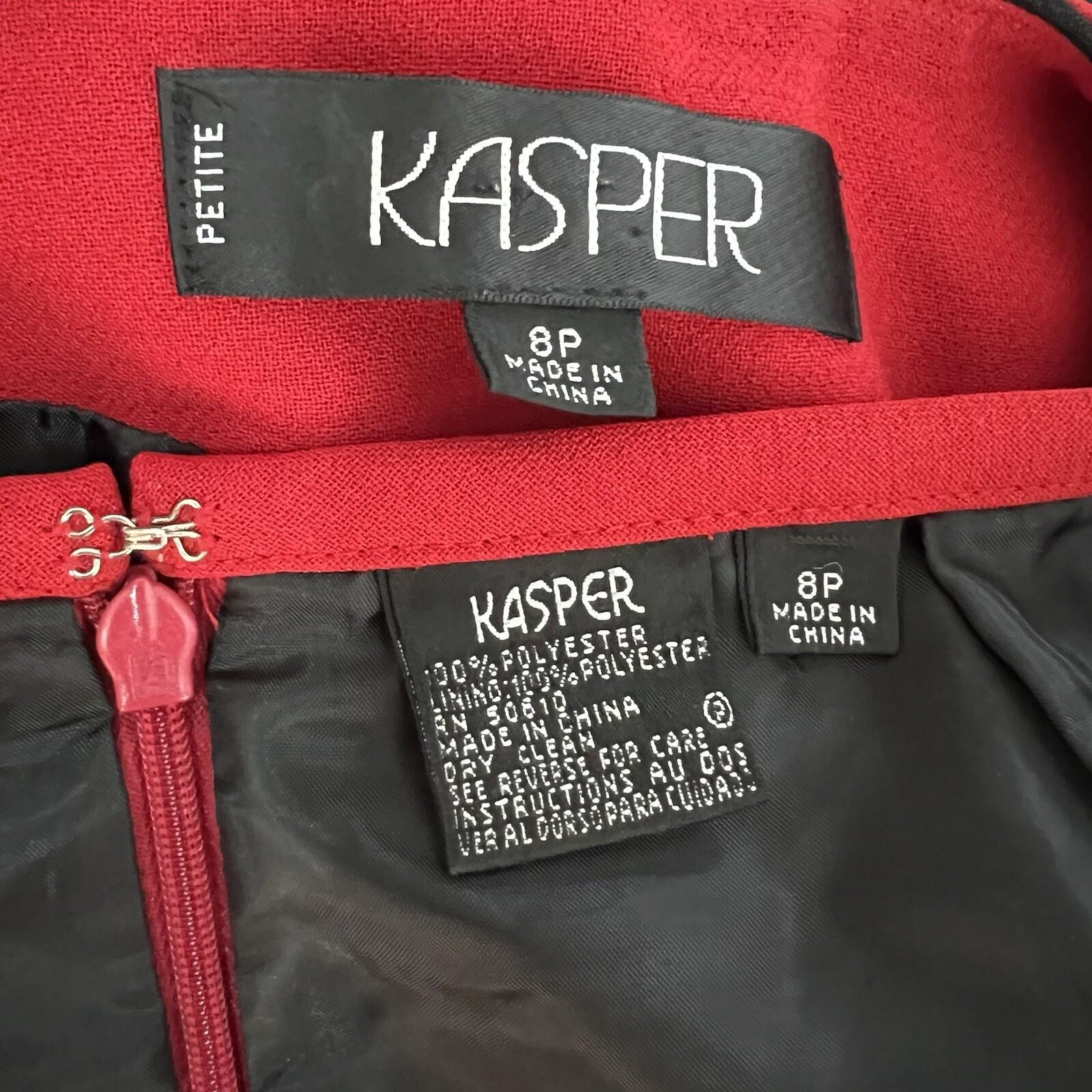 Kasper Polyester Skirt Suit Size 8P Red Lined Open Front Cocktail Career 2PC