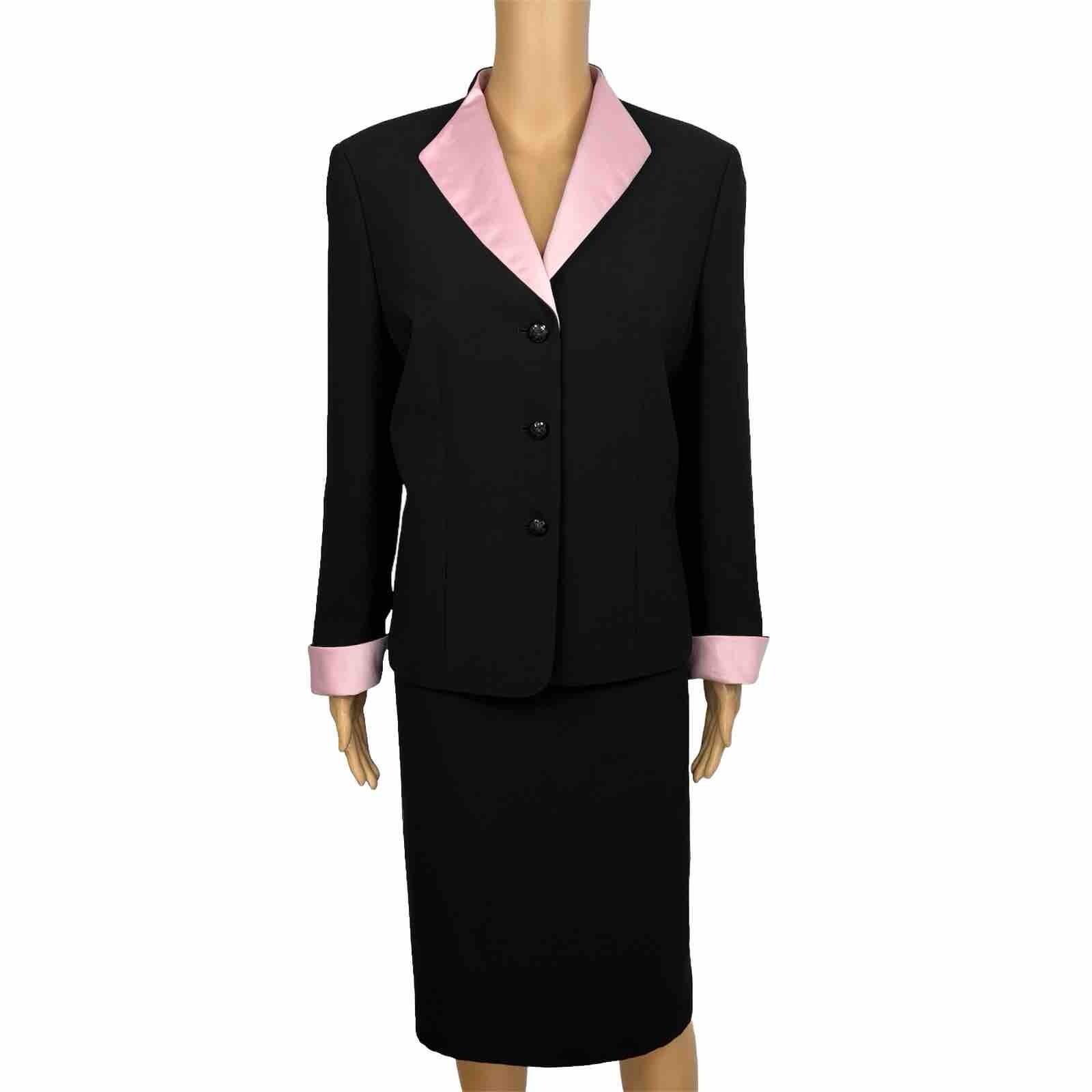 Jones Wear Polyester Skirt Suit Size 12 Black Pink Lined Shawl Collar 2PC