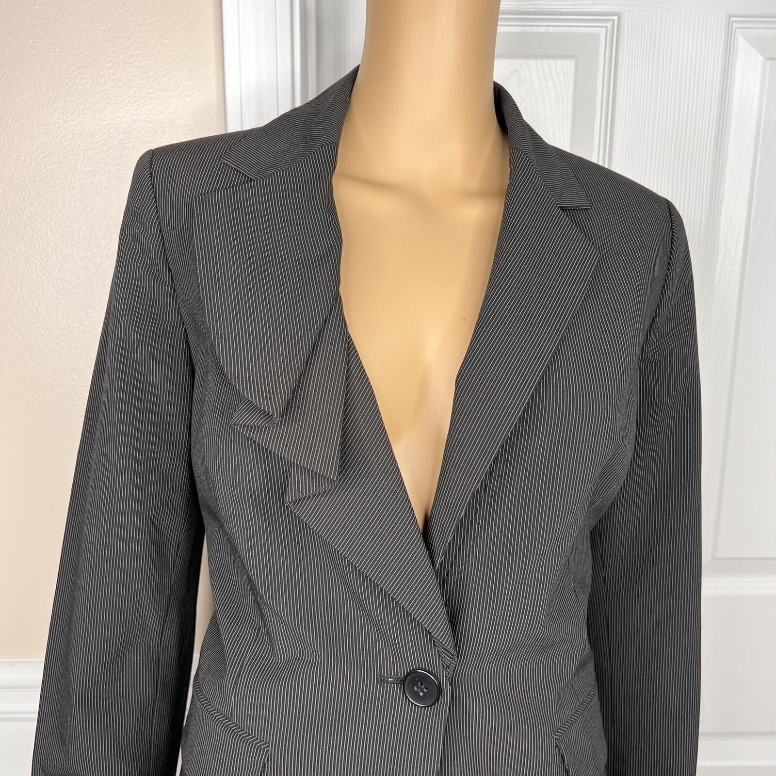NINE WEST 2PC Black Striped Polyester Blend Ruffle Stretch Pant Suit Size 8