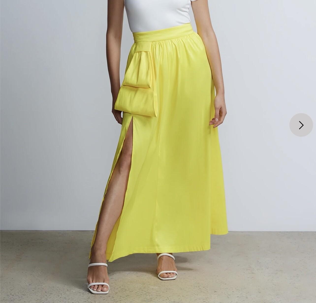 New York & Company Maxi Skirt L Buttercup Side Slit Taffeta Bow High Rise New