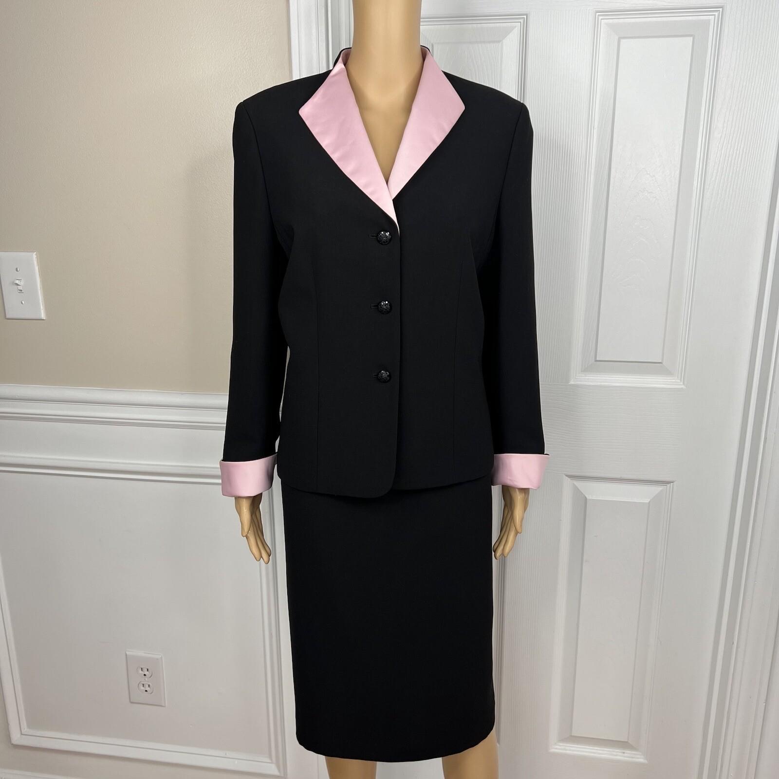 Jones Wear Polyester Skirt Suit Size 12 Black Pink Lined Shawl Collar 2PC