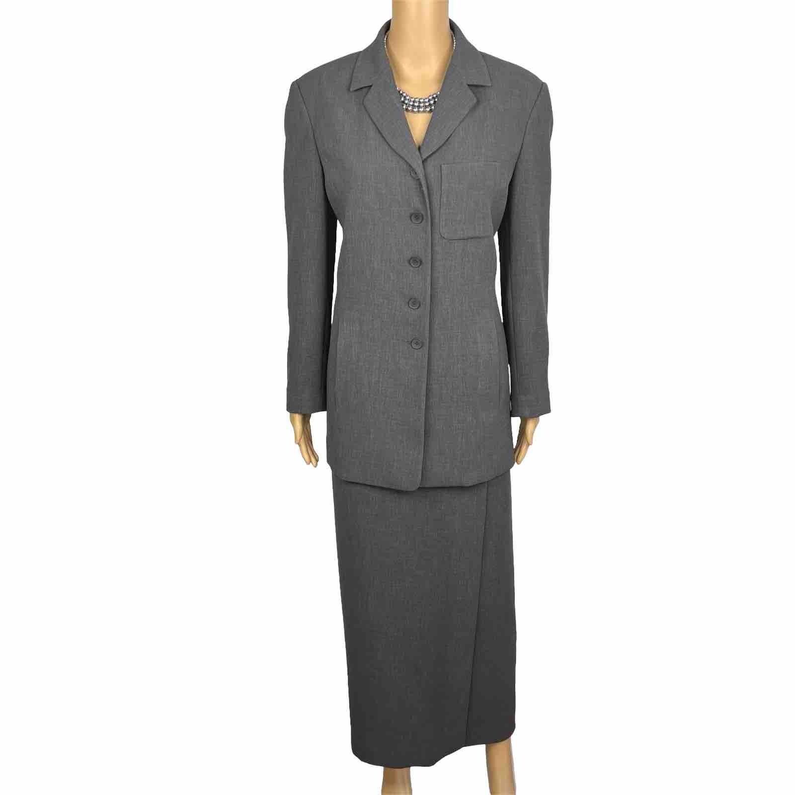 Liz Claiborne Polyester Skirt Suit Size 8 Gray Wrap Notch Collar Pockects 2PC