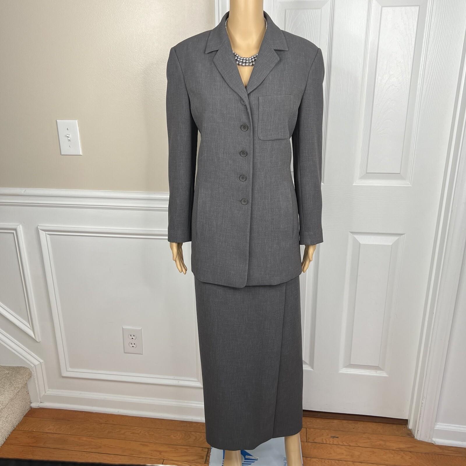 Liz Claiborne Polyester Skirt Suit Size 8 Gray Wrap Notch Collar Pockects 2PC