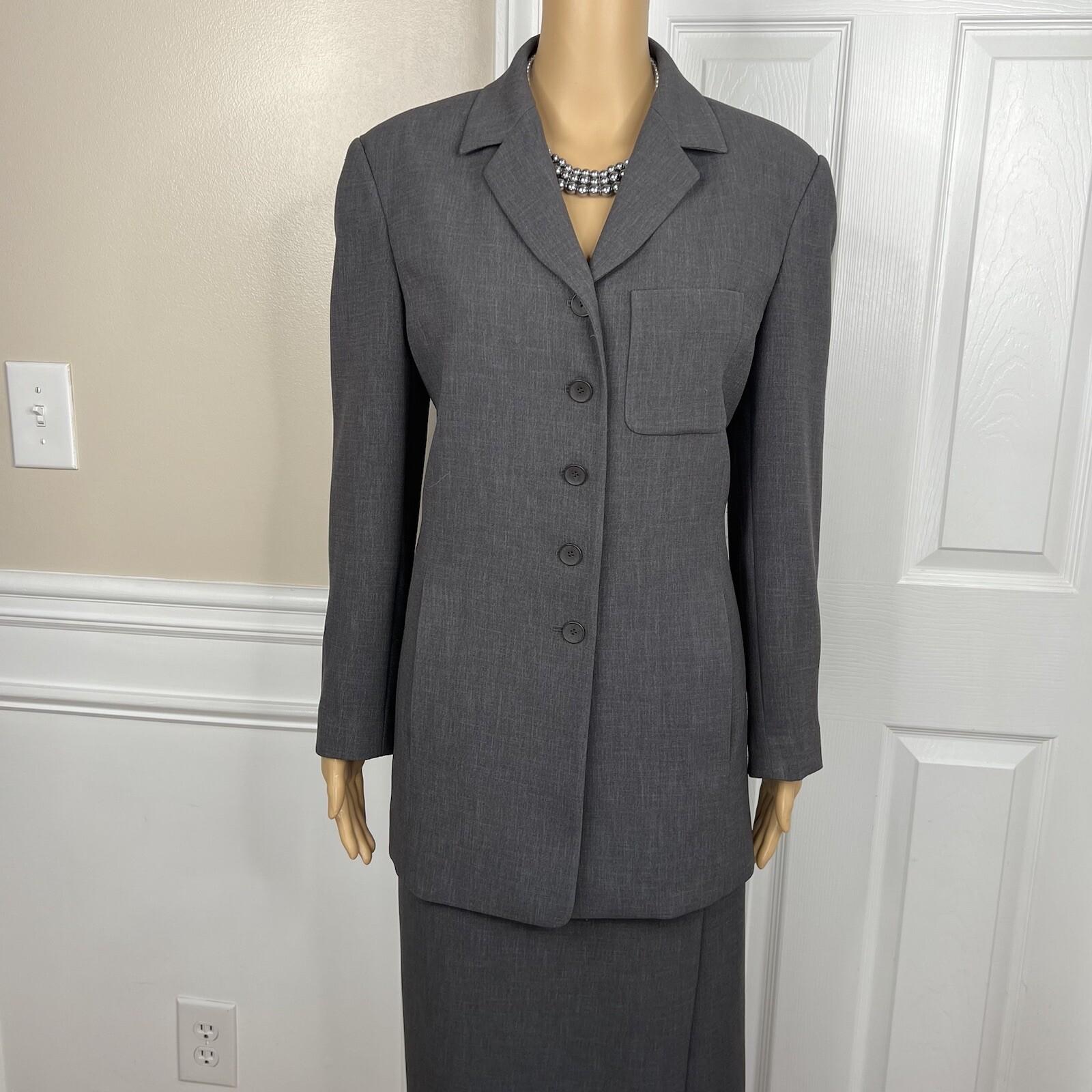 Liz Claiborne Polyester Skirt Suit Size 8 Gray Wrap Notch Collar Pockects 2PC