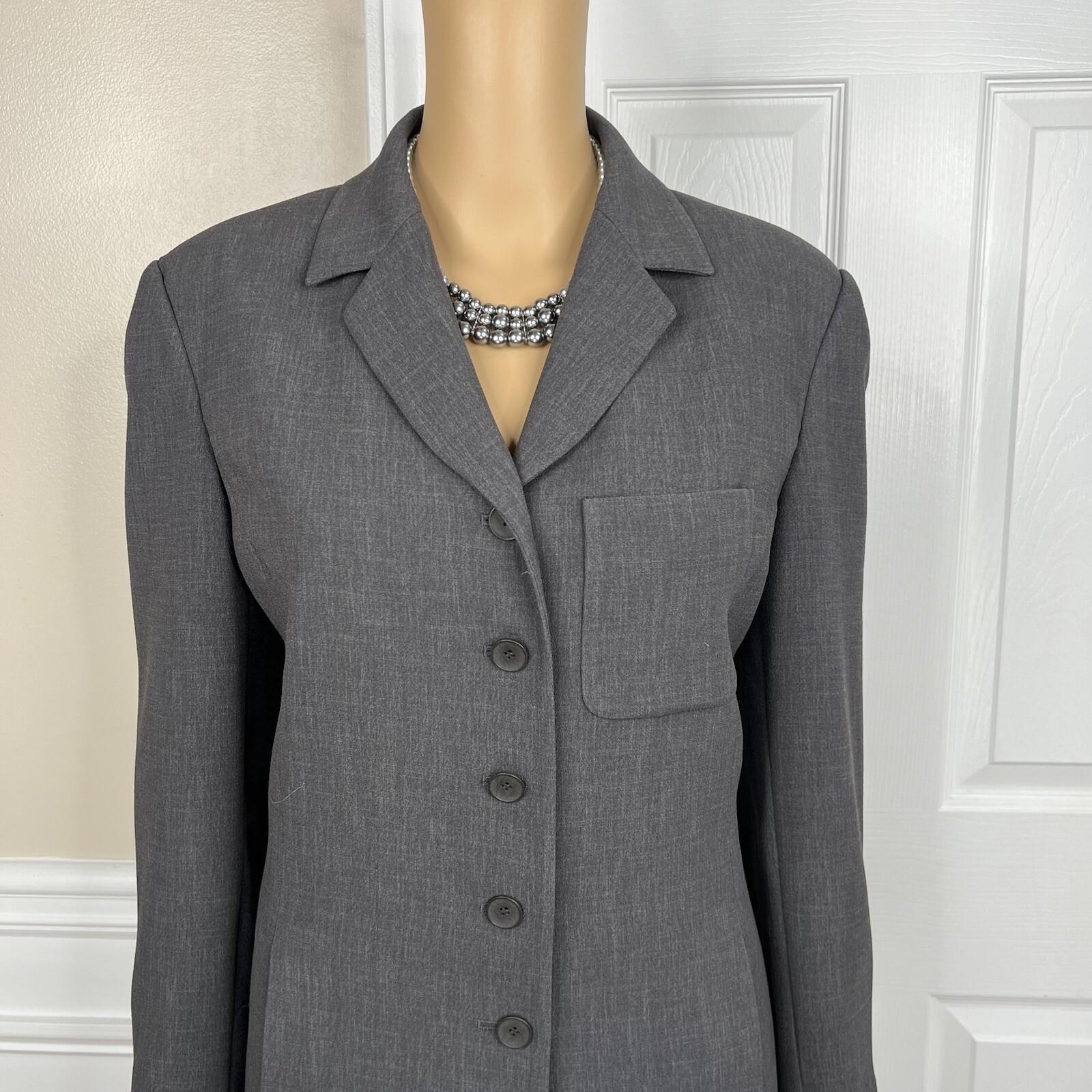 Liz Claiborne Polyester Skirt Suit Size 8 Gray Wrap Notch Collar Pockects 2PC