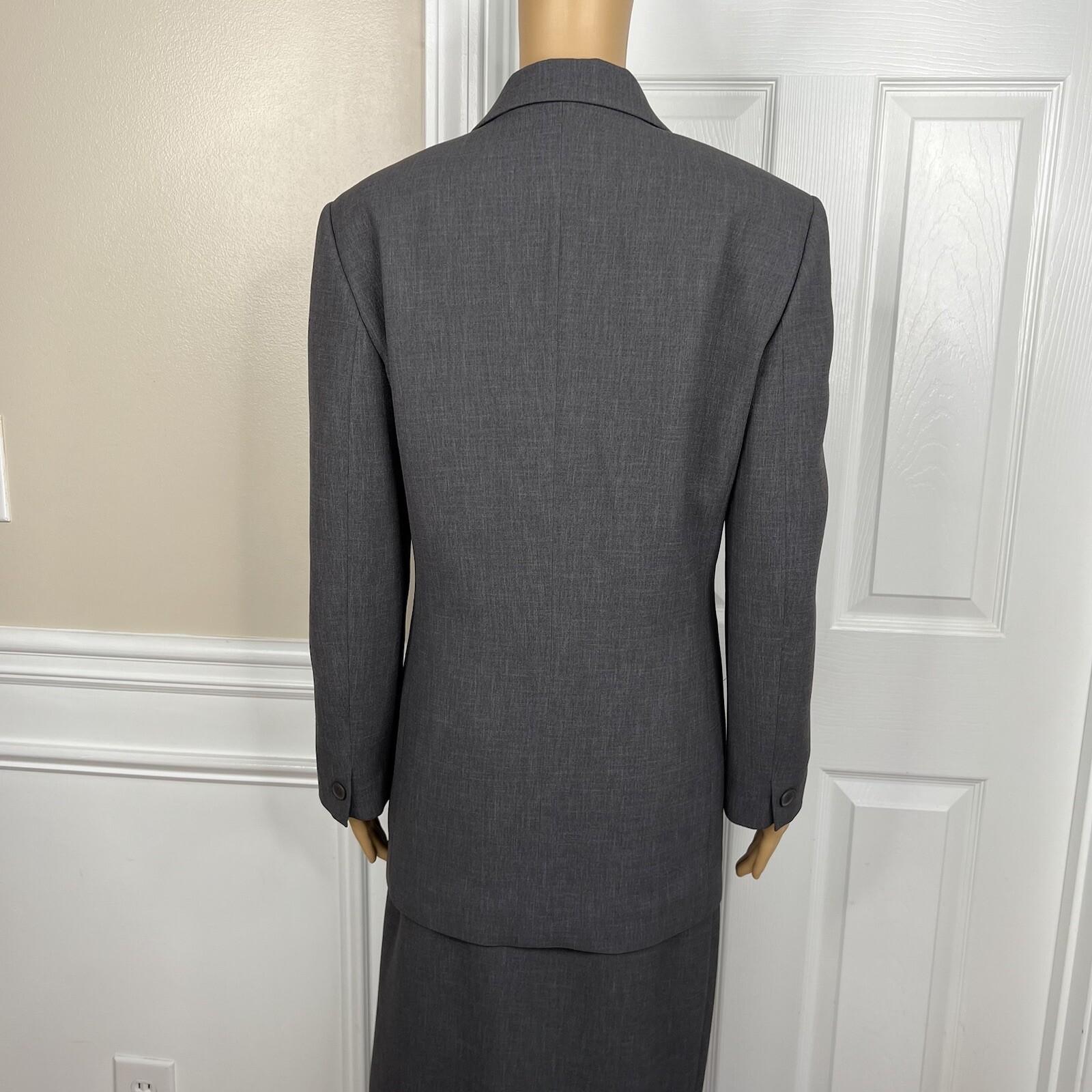 Liz Claiborne Polyester Skirt Suit Size 8 Gray Wrap Notch Collar Pockects 2PC