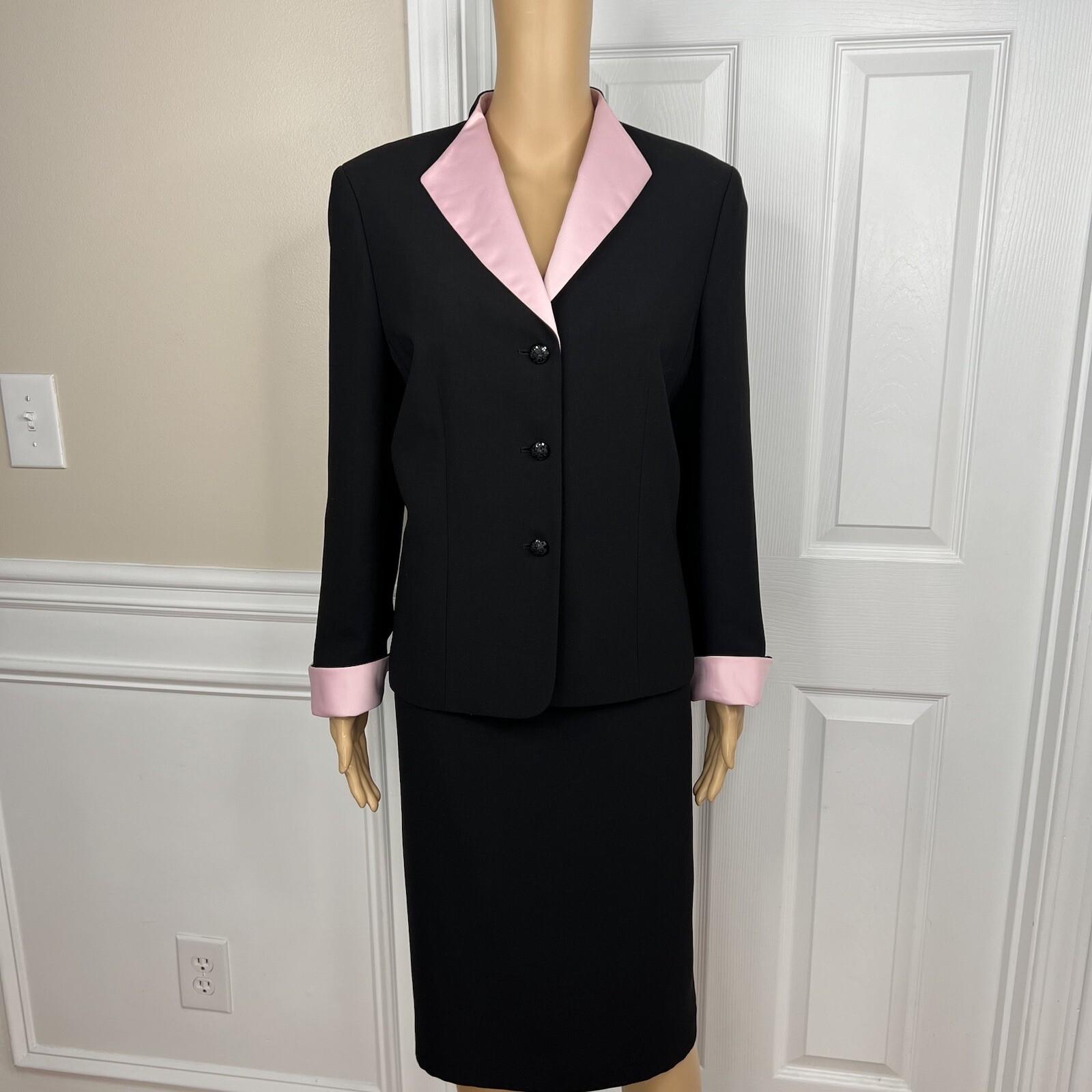 Jones Wear Polyester Skirt Suit Size 12 Black Pink Lined Shawl Collar 2PC