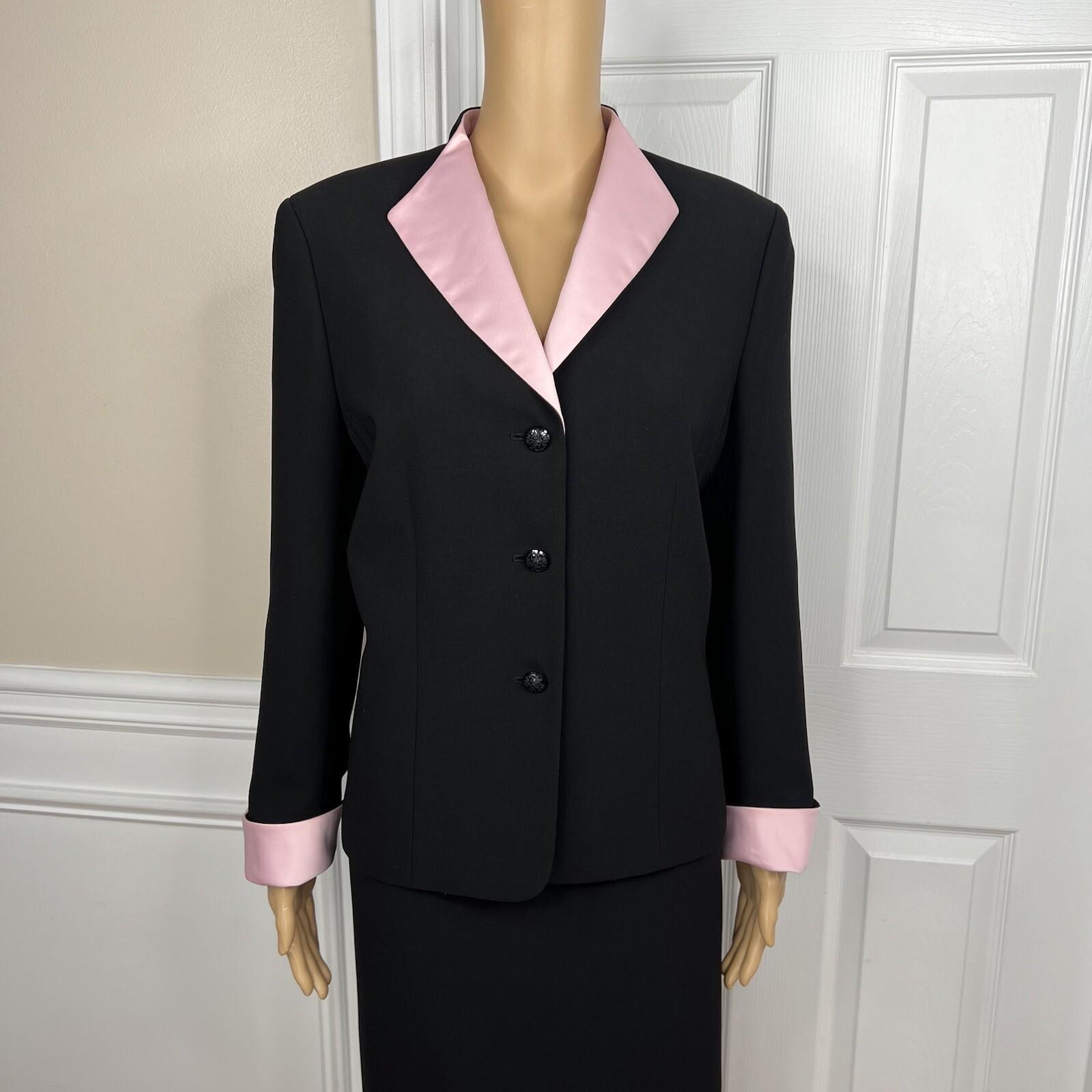 Jones Wear Polyester Skirt Suit Size 12 Black Pink Lined Shawl Collar 2PC