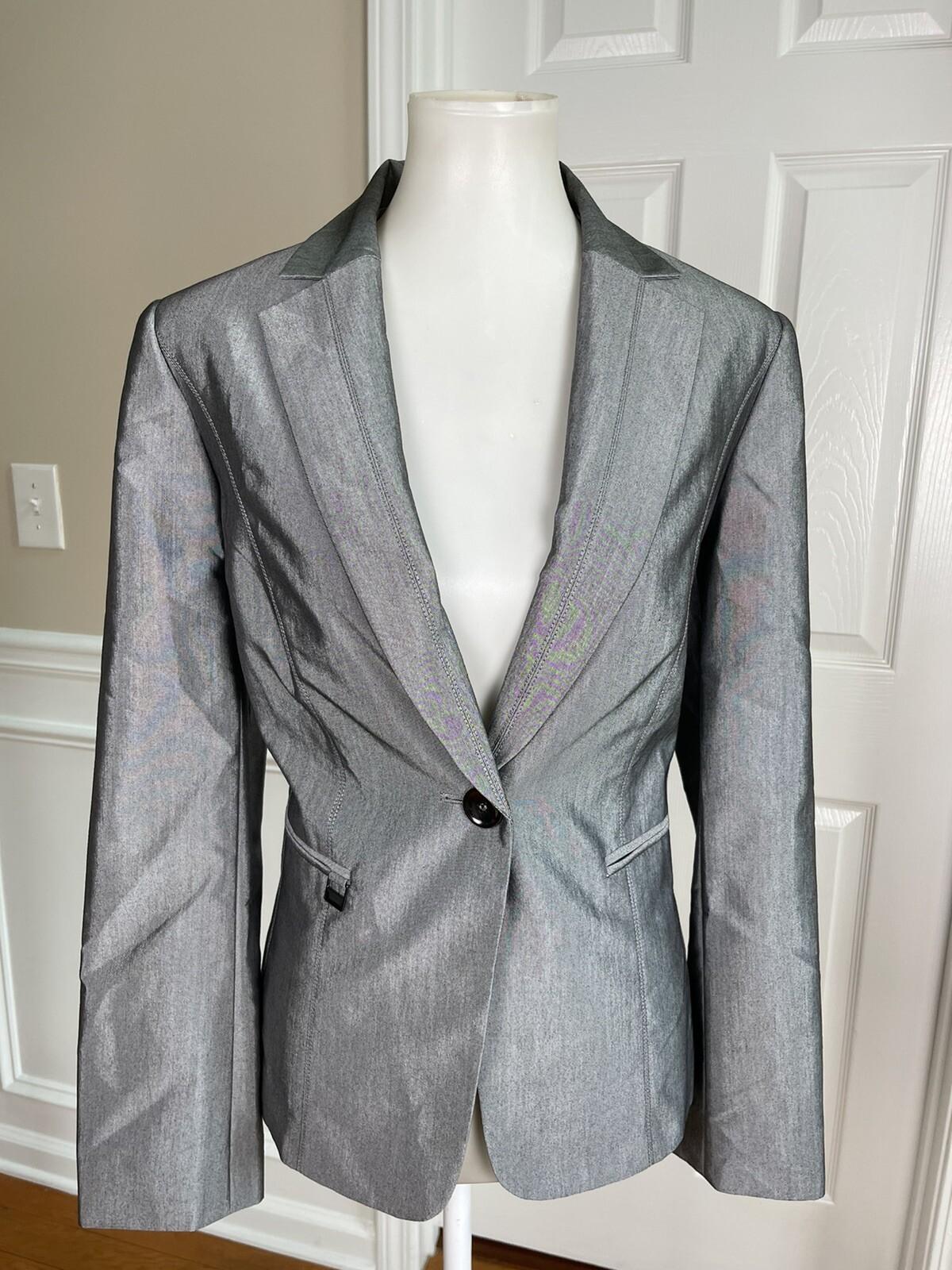 10-8054.jpg John Meyer Women Polyester Pant Suit Size 10 Silver Gray Lined Notch Collar 2PC