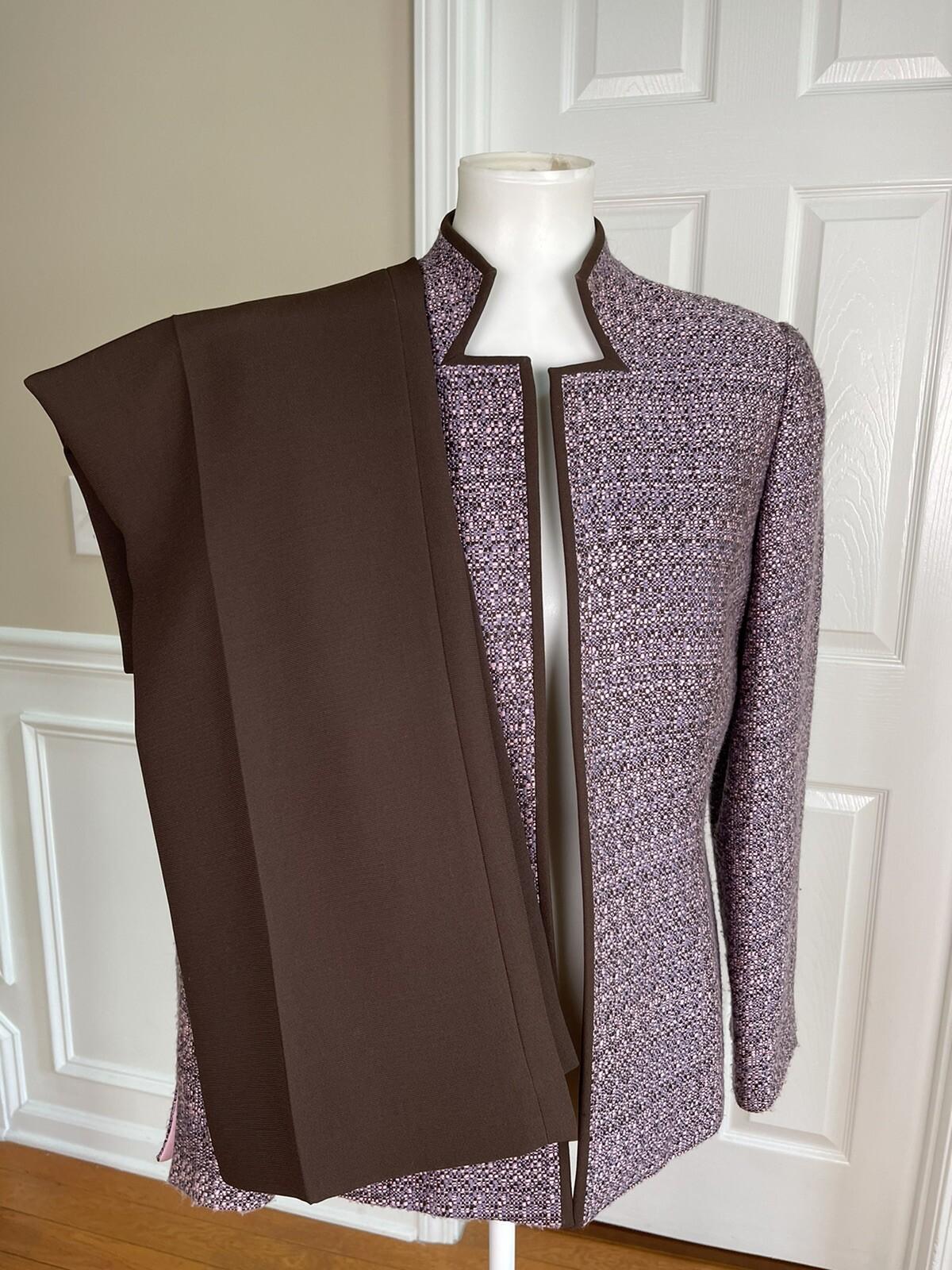 LIZ CLAIBORNE 2PC Pink Brown Polyester Acrylic Stand Up Collar Pant Suit Size 8