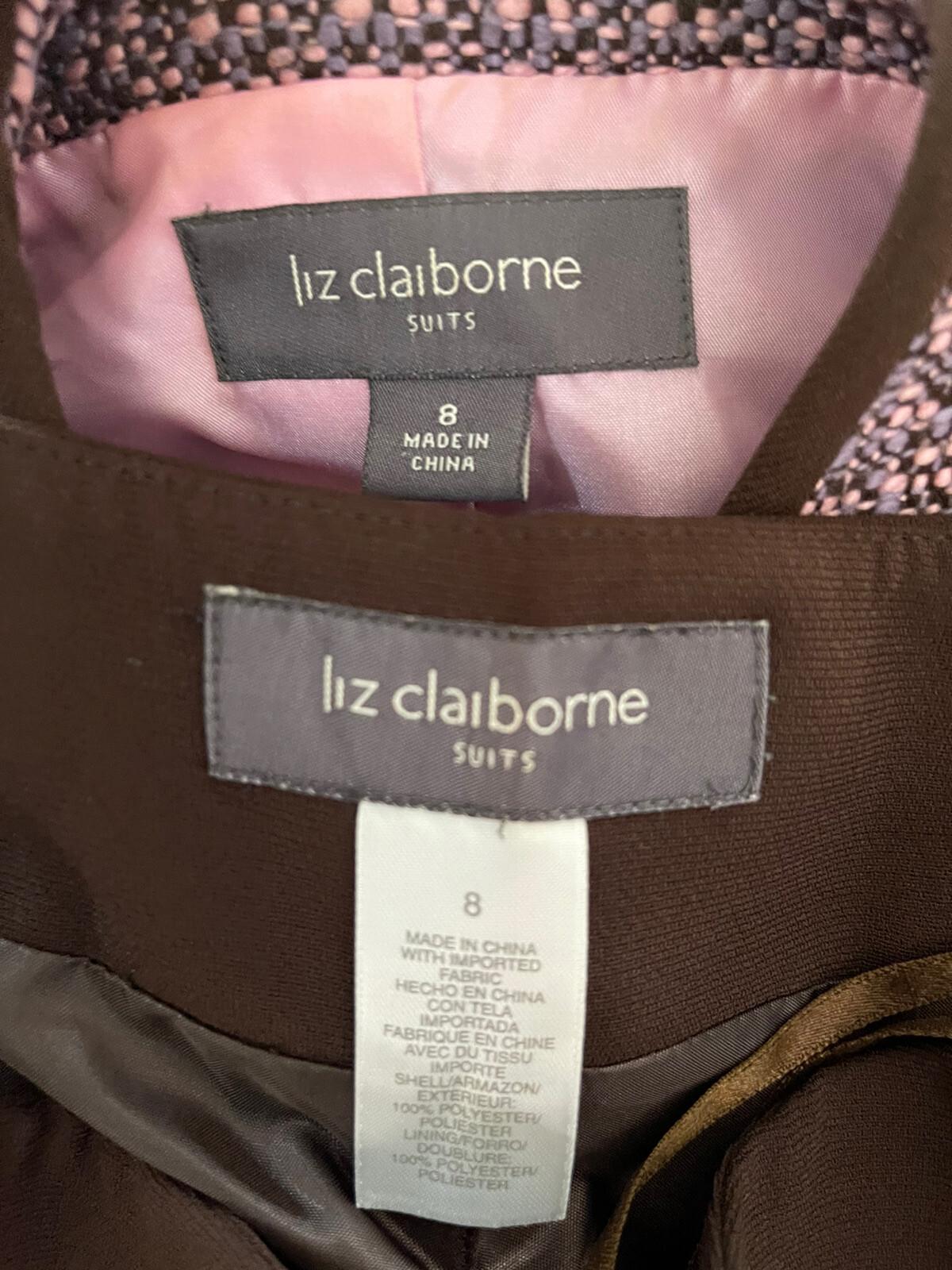 LIZ CLAIBORNE 2PC Pink Brown Polyester Acrylic Stand Up Collar Pant Suit Size 8