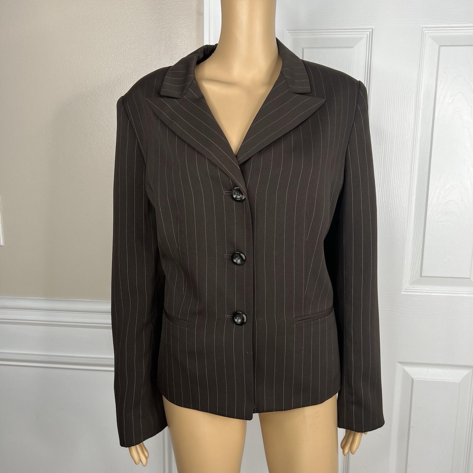 Suit Studio Polyester Pant Suit Size 16 Brown Striped Lined Peak Collar 2PC
