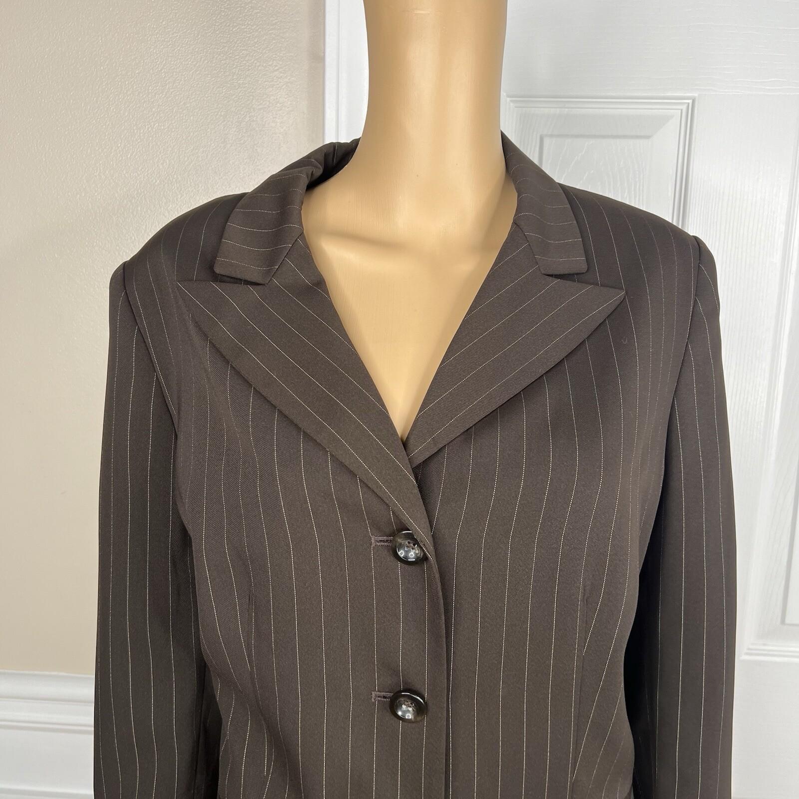 Suit Studio Polyester Pant Suit Size 16 Brown Striped Lined Peak Collar 2PC