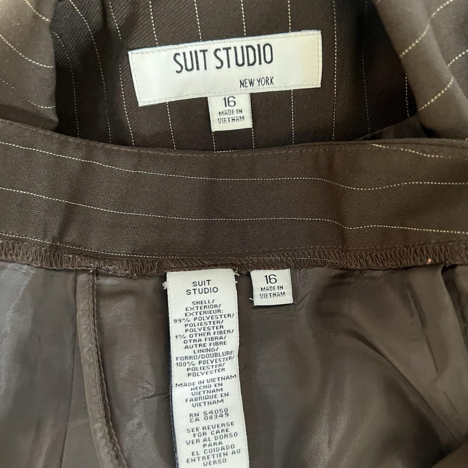 Suit Studio Polyester Pant Suit Size 16 Brown Striped Lined Peak Collar 2PC