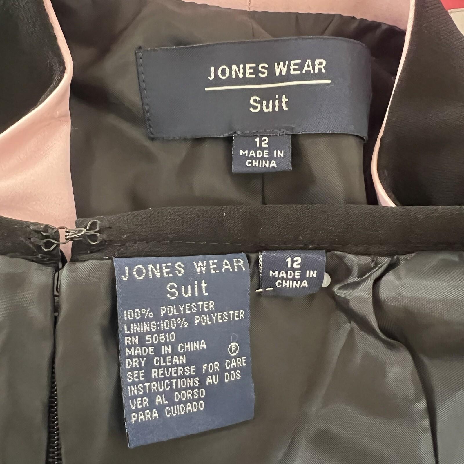Jones Wear Polyester Skirt Suit Size 12 Black Pink Lined Shawl Collar 2PC