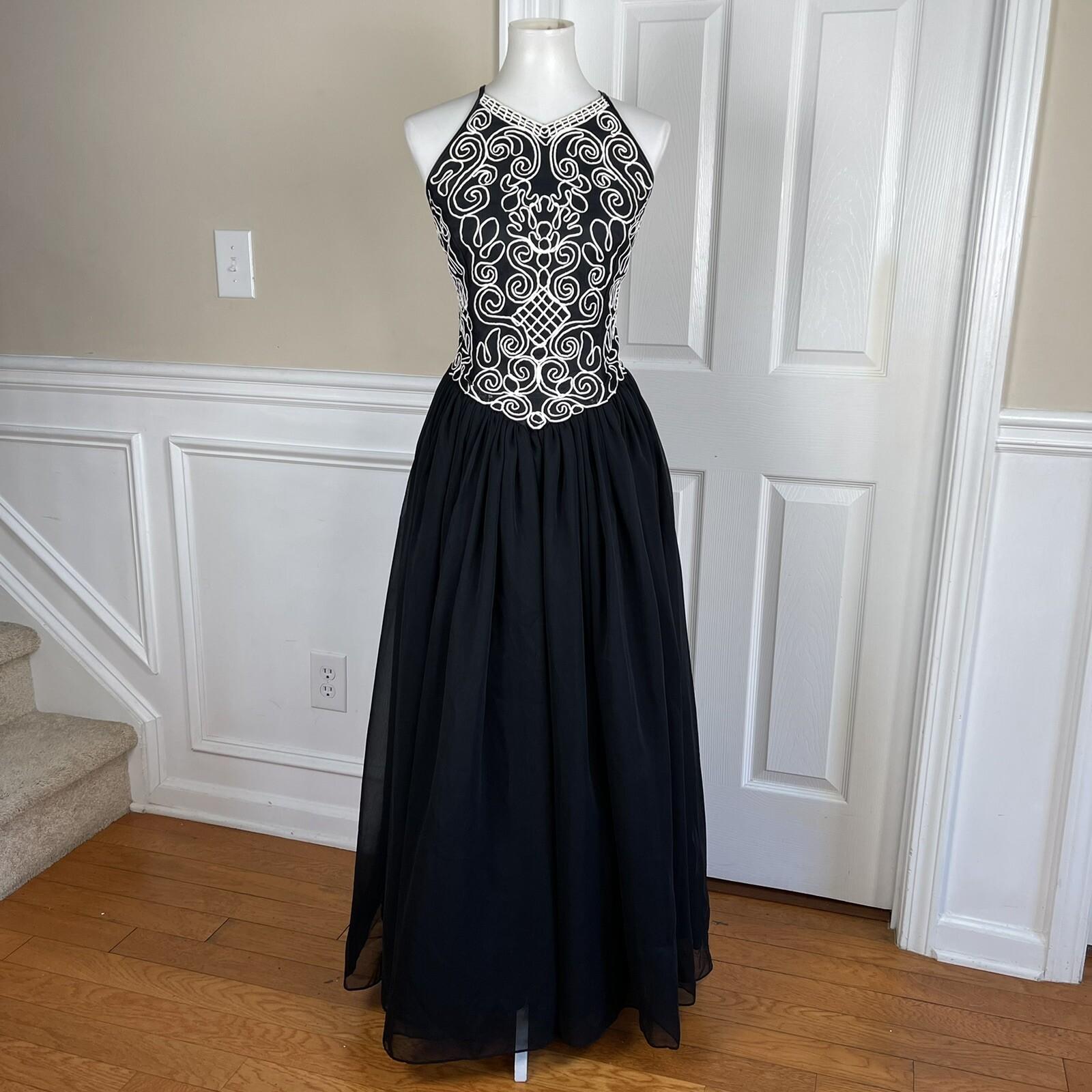 Jessica McClintock Vintage Prom Dress 8 Black White Embroidered Princess Y2K