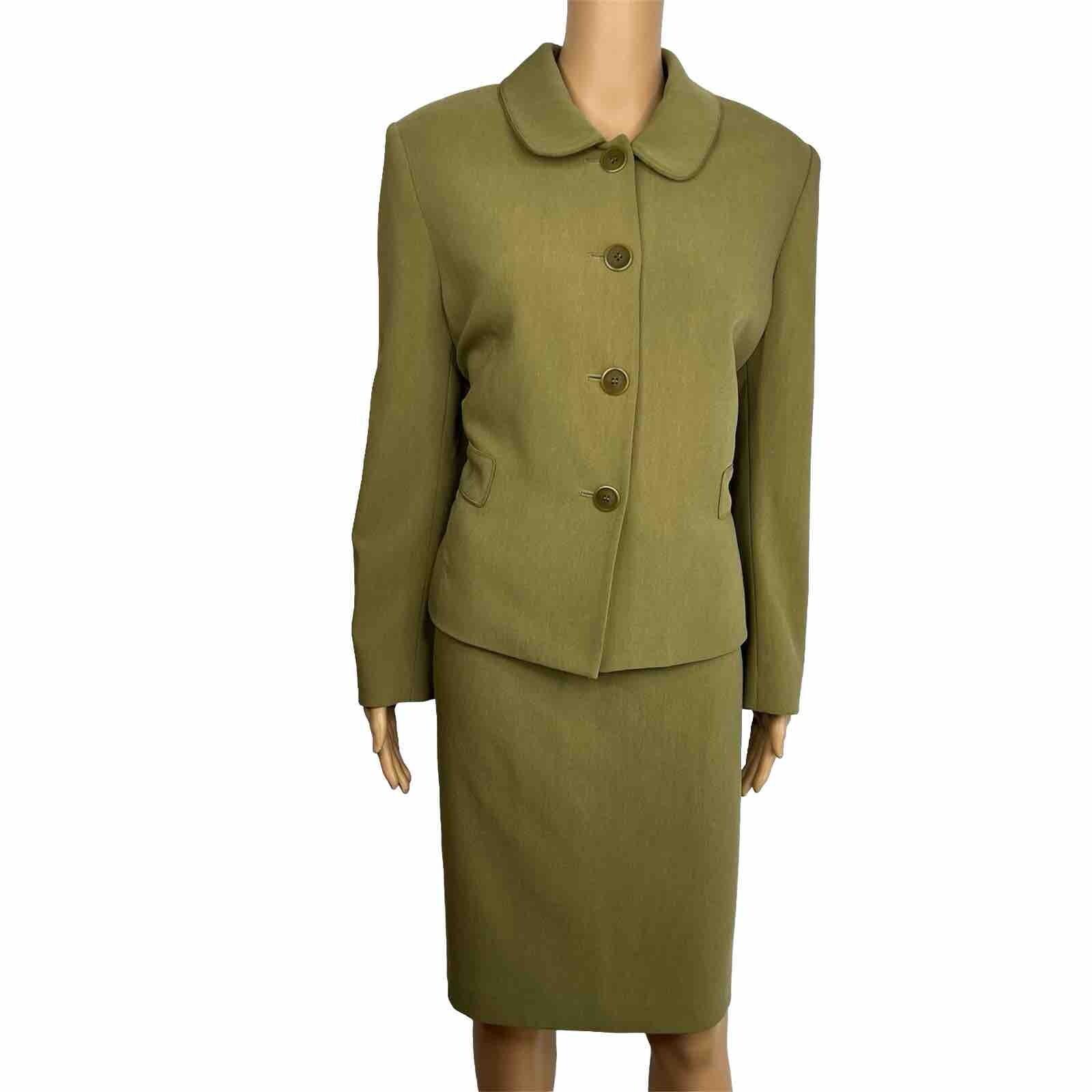 Kasper Polyester Spandex Skirt 14P Suit 16P Green 2 Piece Shawl Collar Lined