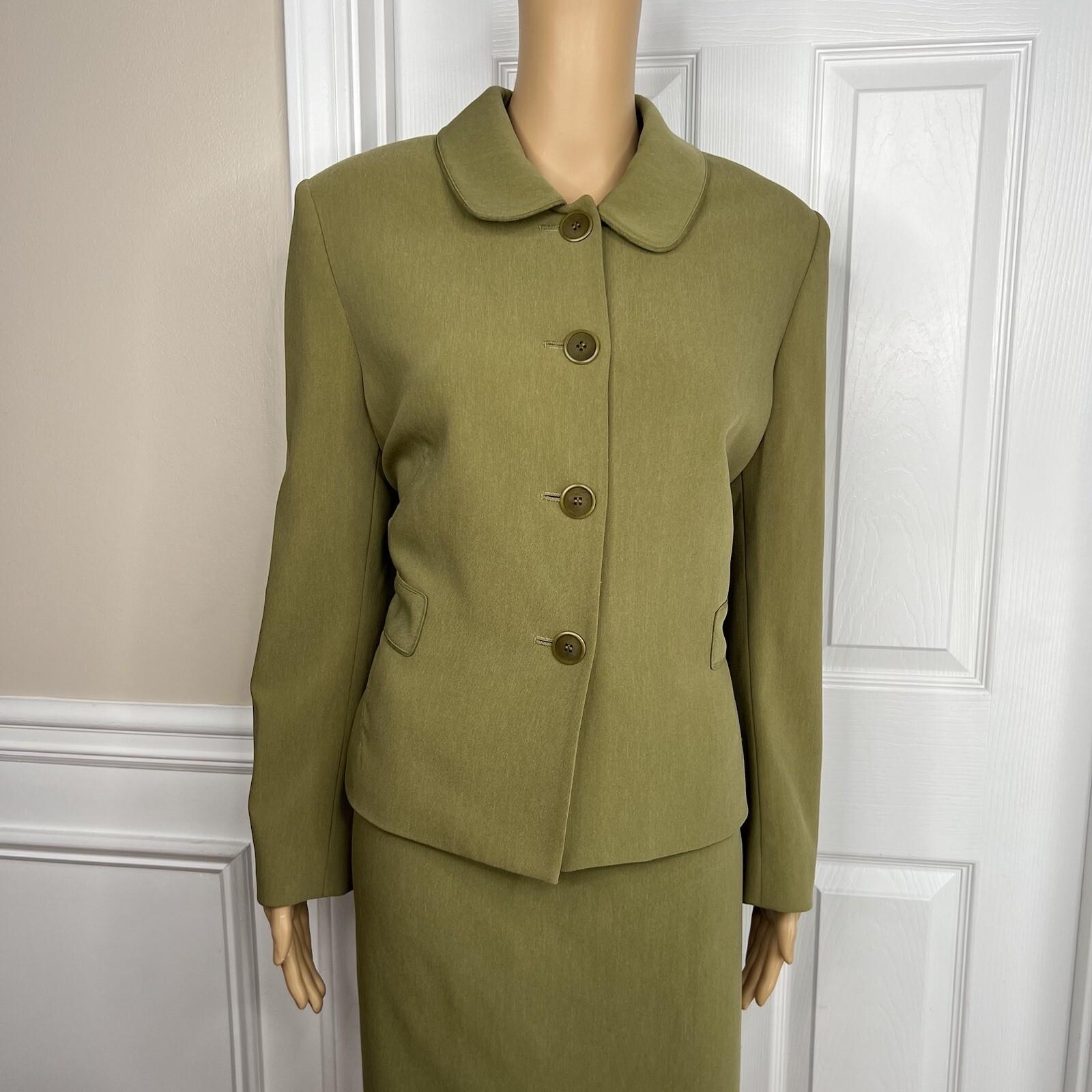 Kasper Polyester Spandex Skirt 14P Suit 16P Green 2 Piece Shawl Collar Lined