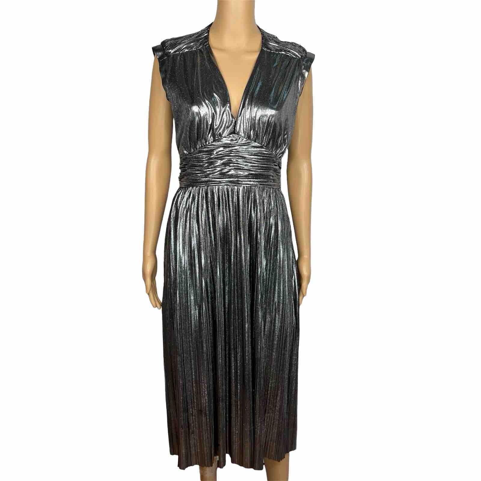 Rebecca Minkoff Briella  Dress Size 8 Silver V Neck Tiny Pleats Midi Babydoll