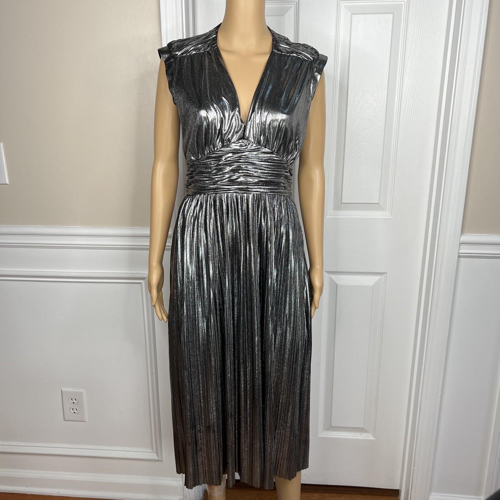 Rebecca Minkoff Briella  Dress Size 8 Silver V Neck Tiny Pleats Midi Babydoll