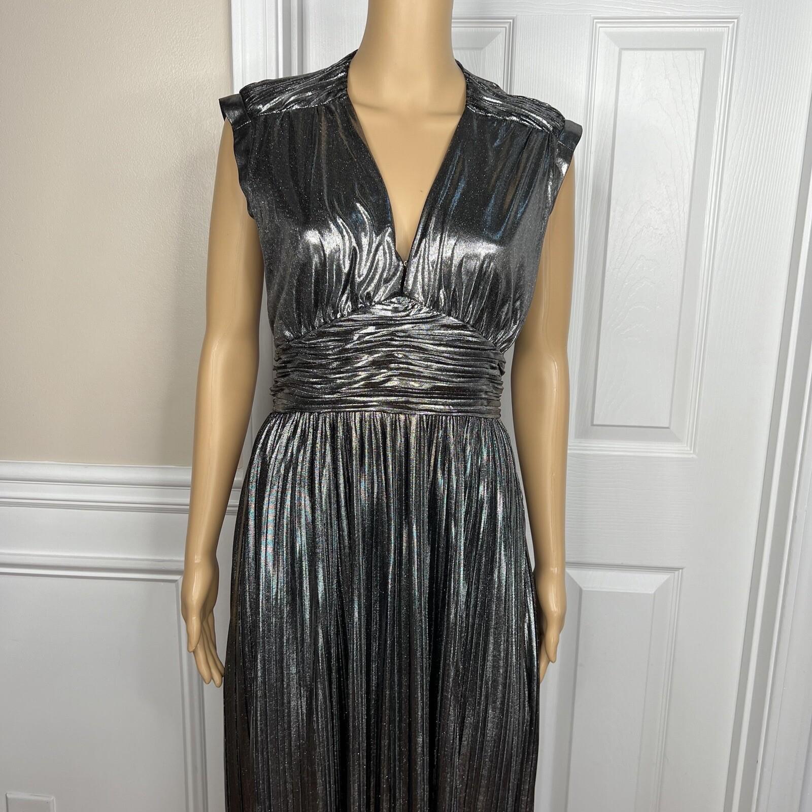 Rebecca Minkoff Briella  Dress Size 8 Silver V Neck Tiny Pleats Midi Babydoll