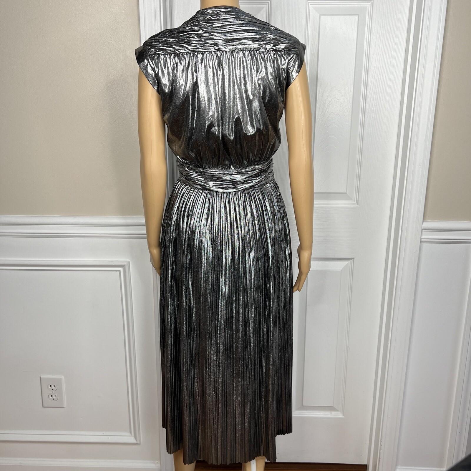 Rebecca Minkoff Briella  Dress Size 8 Silver V Neck Tiny Pleats Midi Babydoll
