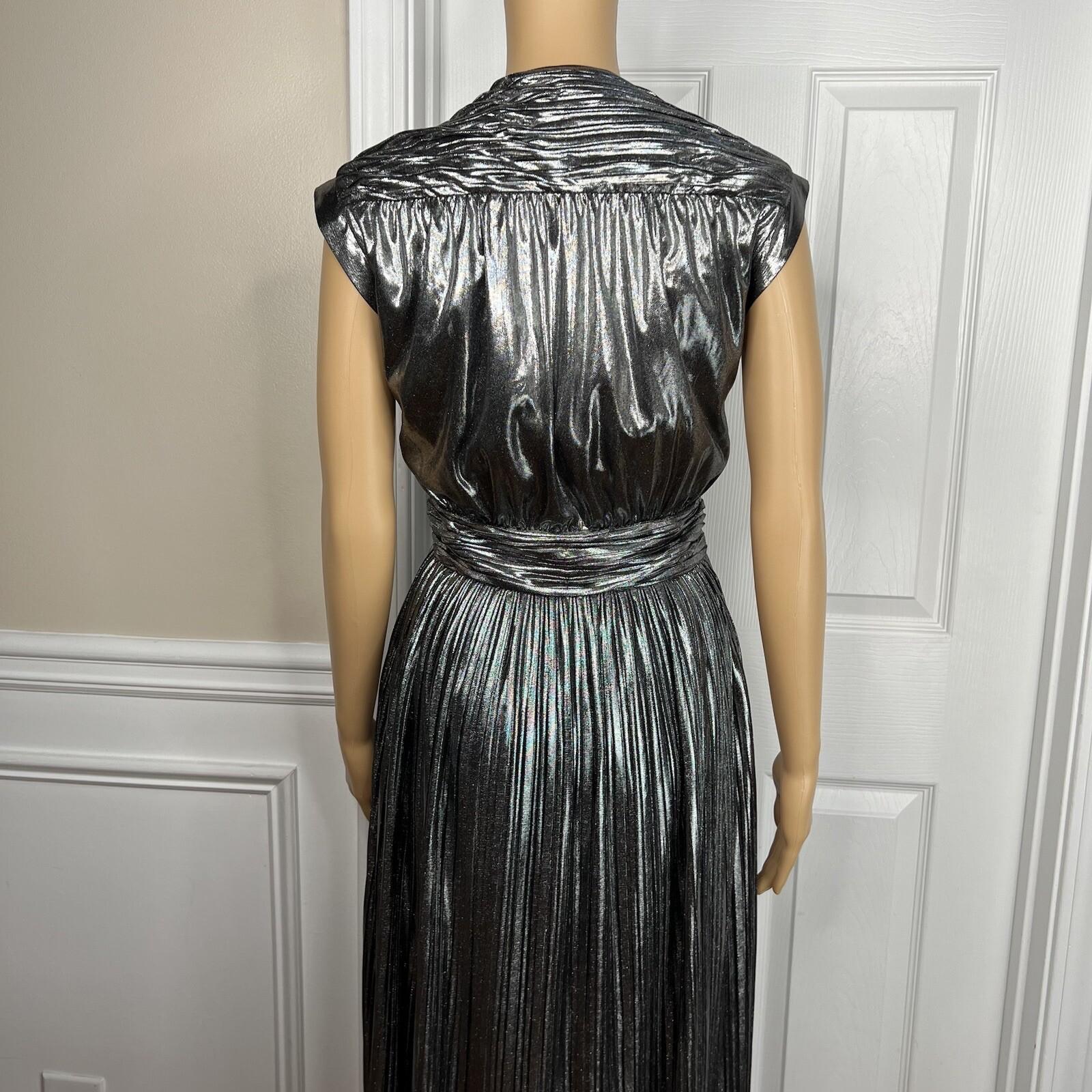 Rebecca Minkoff Briella  Dress Size 8 Silver V Neck Tiny Pleats Midi Babydoll