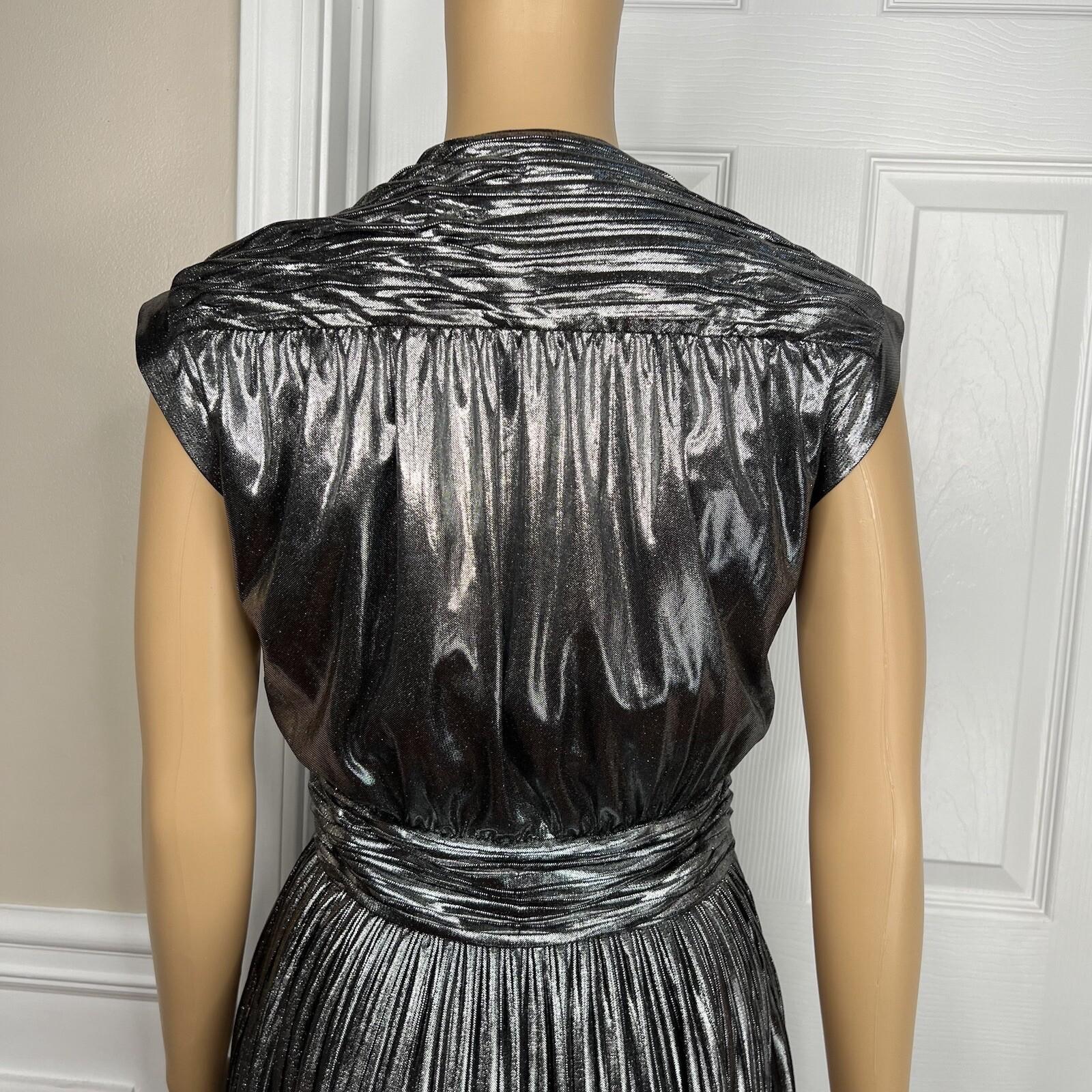 Rebecca Minkoff Briella  Dress Size 8 Silver V Neck Tiny Pleats Midi Babydoll